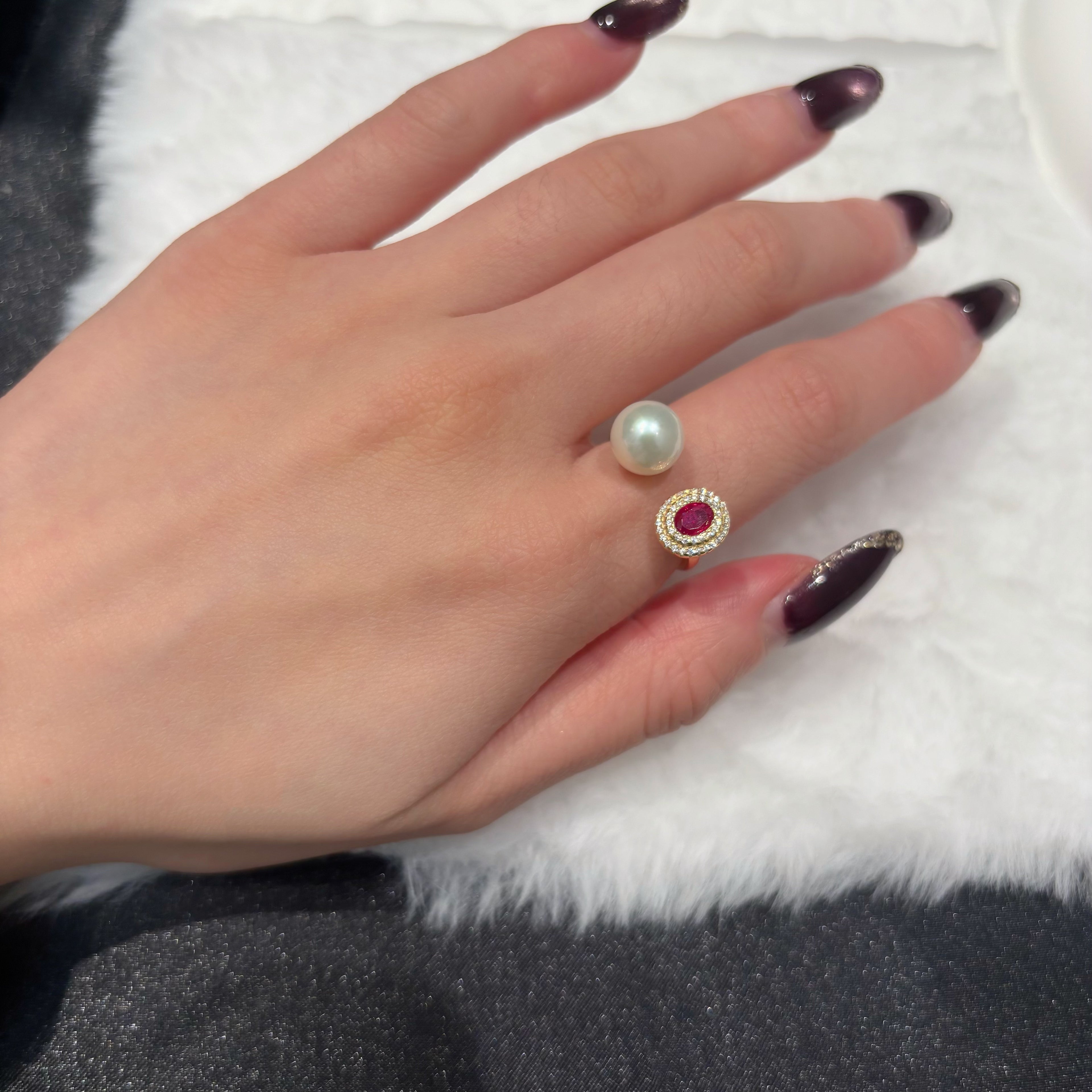 Moonlight and Flame Artificial Ruby & Natural Freshwater Pearl Twin-Stone Gold Ring by NEPTUNE PEARL