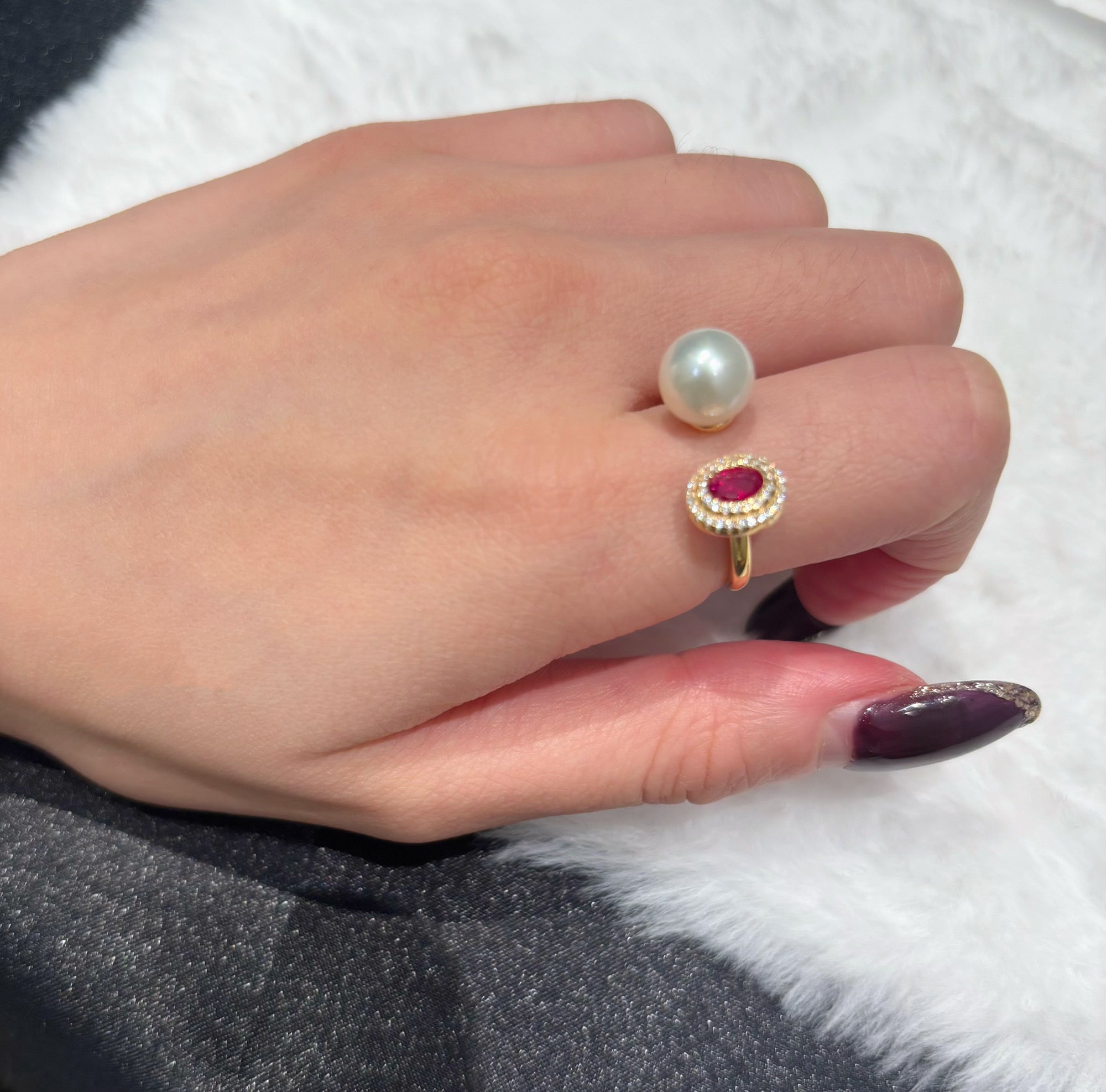 Moonlight and Flame Artificial Ruby & Natural Freshwater Pearl Twin-Stone Gold Ring by NEPTUNE PEARL