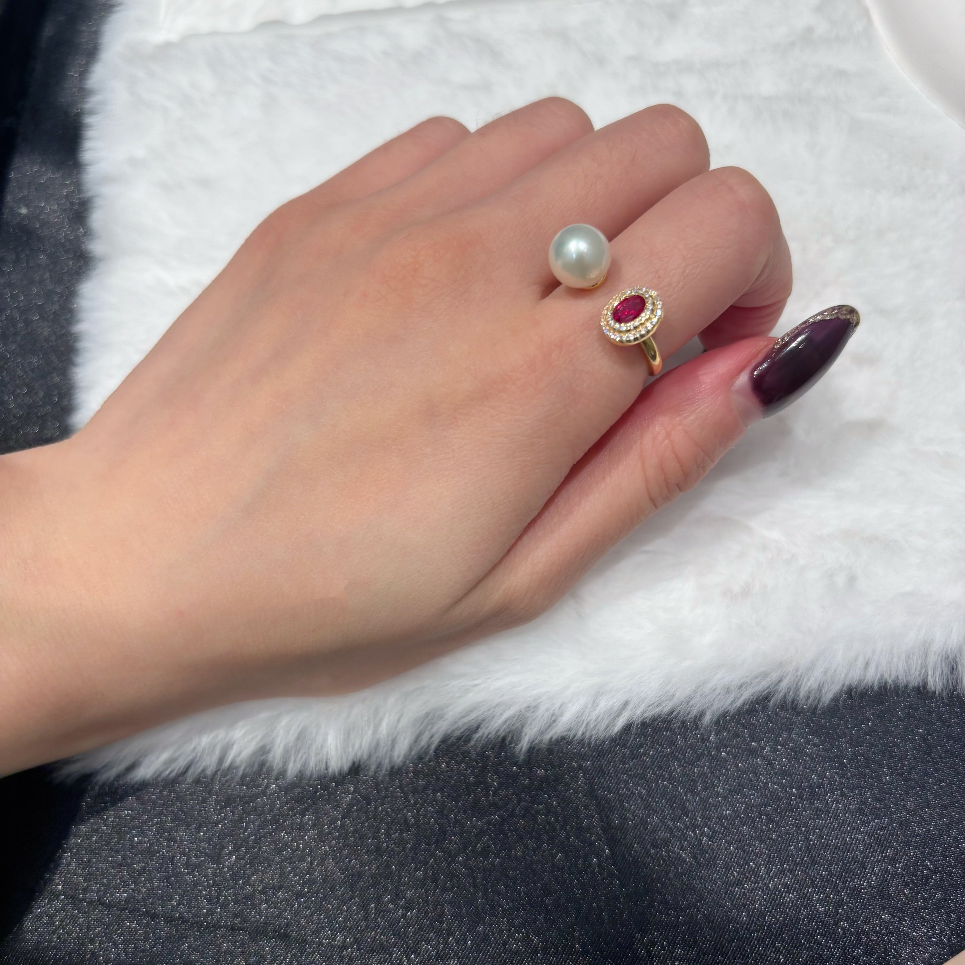Moonlight and Flame Artificial Ruby & Natural Freshwater Pearl Twin-Stone Gold Ring by NEPTUNE PEARL