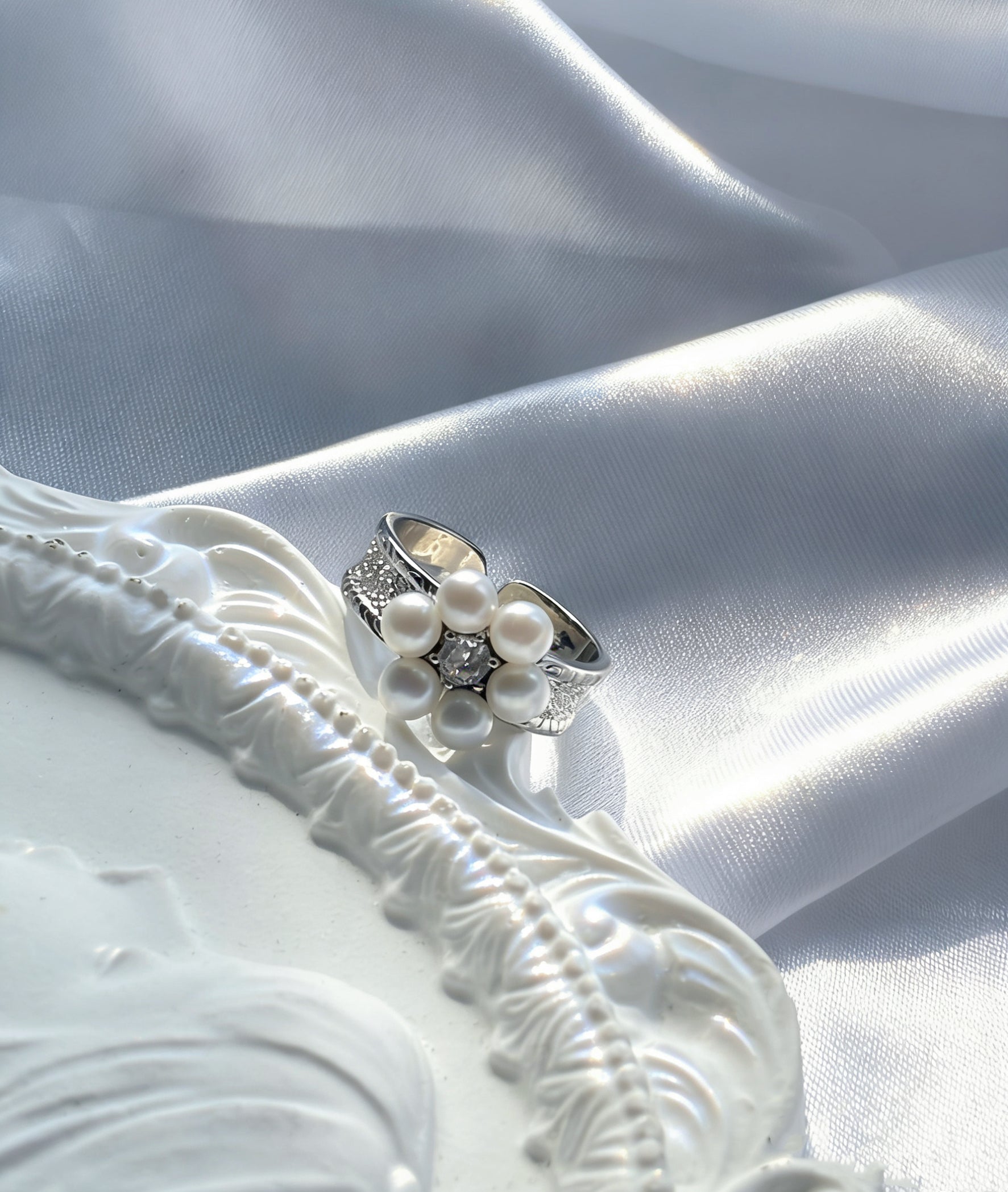 Lucky Flower Crown Silver and Gold Double-Color Classic Engraved Natural Freshwater Pearl Fine Jewelry Ring by NEPTUNE PEARL