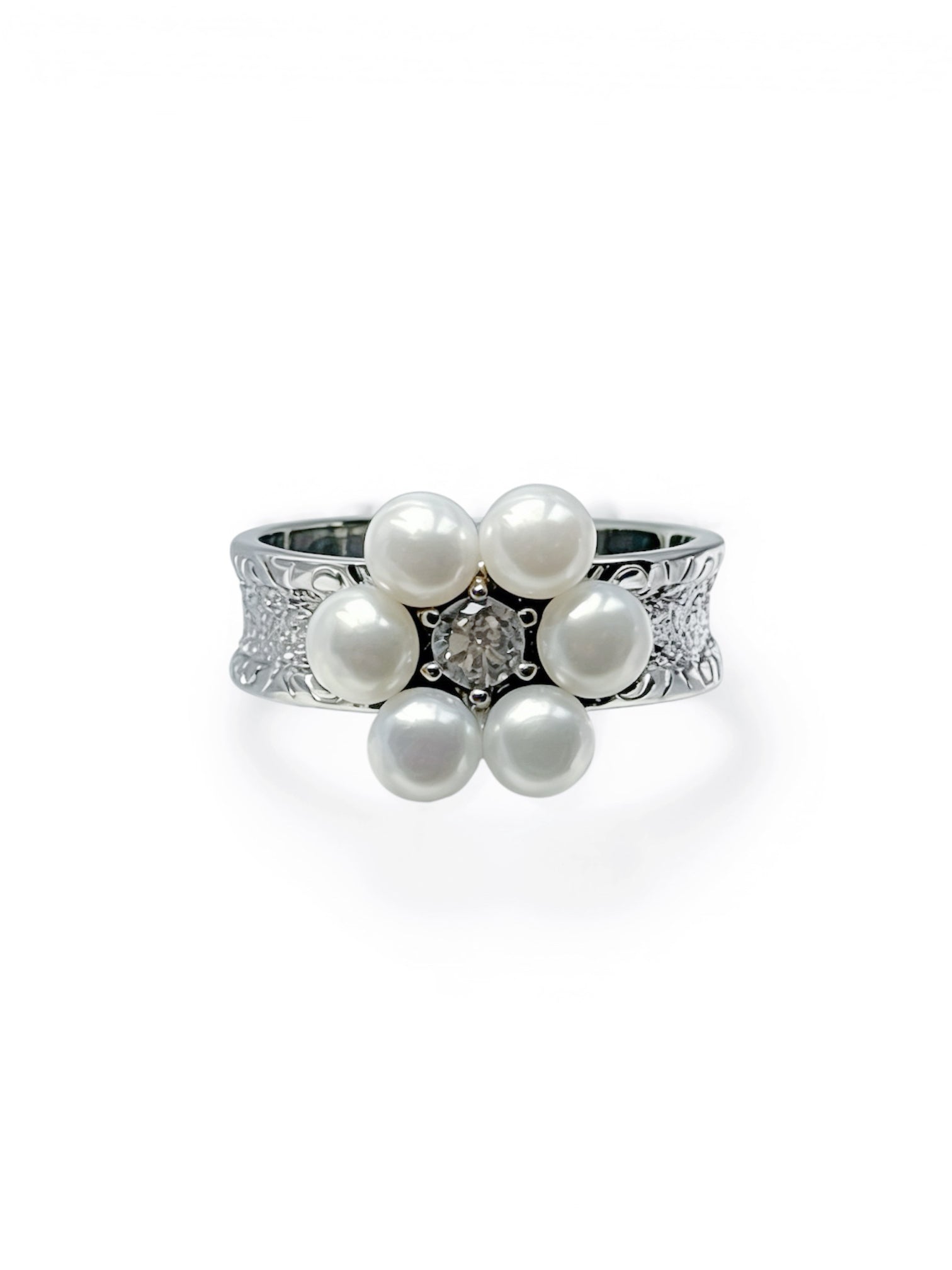 Lucky Flower Crown Silver and Gold Double-Color Classic Engraved Natural Freshwater Pearl Fine Jewelry Ring by NEPTUNE PEARL