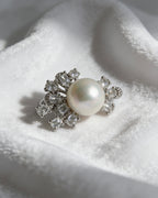 Shimmering Natural Large Freshwater Pearl & Firework-Shaped Cut Diamond Style Silver Banquet Ring by NEPTUNE PEARL