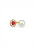 Moonlight and Flame Artificial Ruby & Natural Freshwater Pearl Twin-Stone Gold Ring by NEPTUNE PEARL