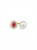 Moonlight and Flame Artificial Ruby & Natural Freshwater Pearl Twin-Stone Gold Ring by NEPTUNE PEARL