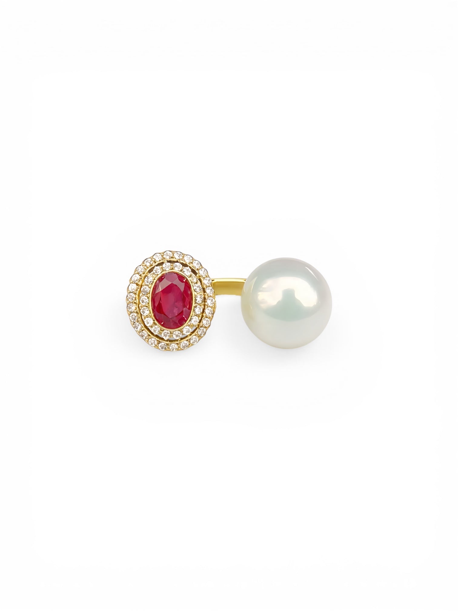 Moonlight and Flame Artificial Ruby & Natural Freshwater Pearl Twin-Stone Gold Ring by NEPTUNE PEARL