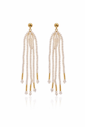 Palm Tree Elegant Luxury Natural Freshwater Pearl & Metal-Woven Beach Fringe Earrings by NEPTUNE PEARL