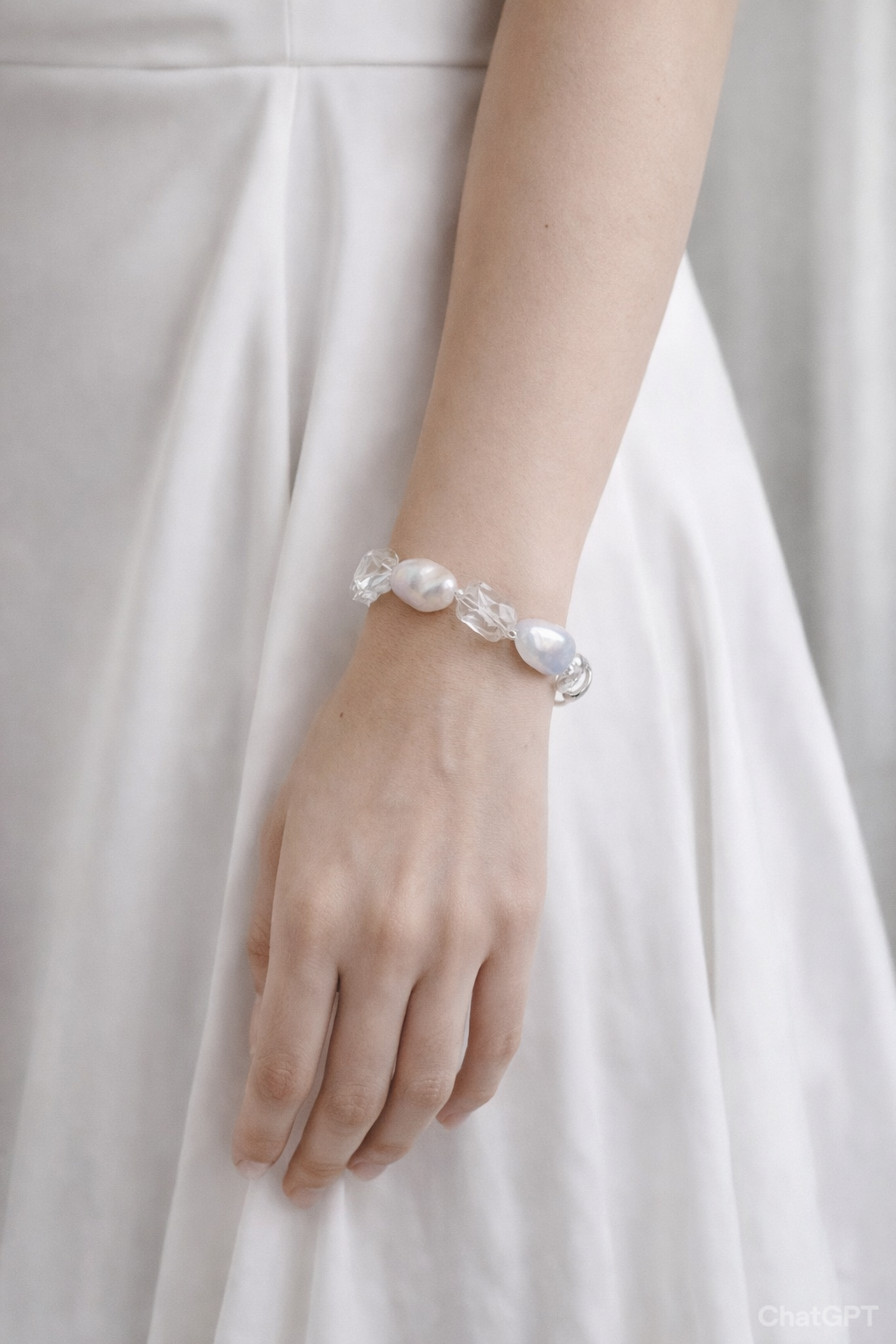 “Glacial Dream” Handcrafted Natural Baroque Pearls & White Crystal Bracelet by NEPTUNE PEARL