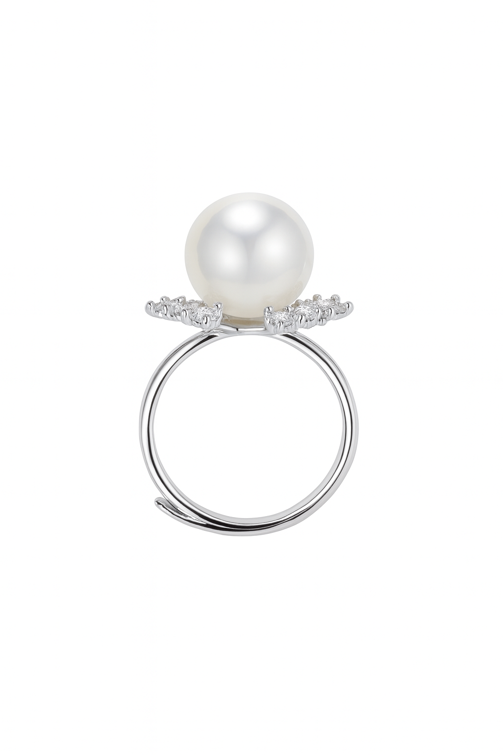 Shimmering Natural Large Freshwater Pearl & Firework-Shaped Cut Diamond Style Silver Banquet Ring by NEPTUNE PEARL