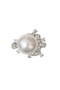 Shimmering Natural Large Freshwater Pearl & Firework-Shaped Cut Diamond Style Silver Banquet Ring by NEPTUNE PEARL