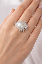 Shimmering Natural Large Freshwater Pearl & Firework-Shaped Cut Diamond Style Silver Banquet Ring by NEPTUNE PEARL