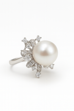 Shimmering Natural Large Freshwater Pearl & Firework-Shaped Cut Diamond Style Silver Banquet Ring by NEPTUNE PEARL