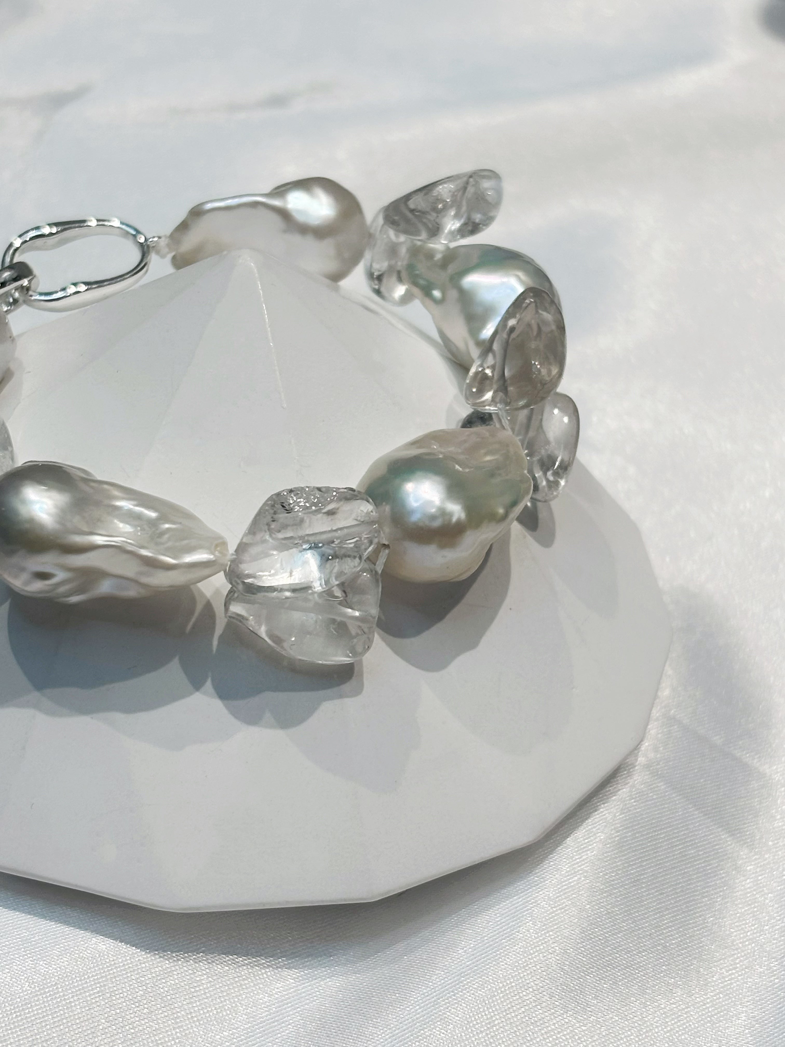 “Glacial Dream” Handcrafted Natural Baroque Pearls & White Crystal Bracelet by NEPTUNE PEARL