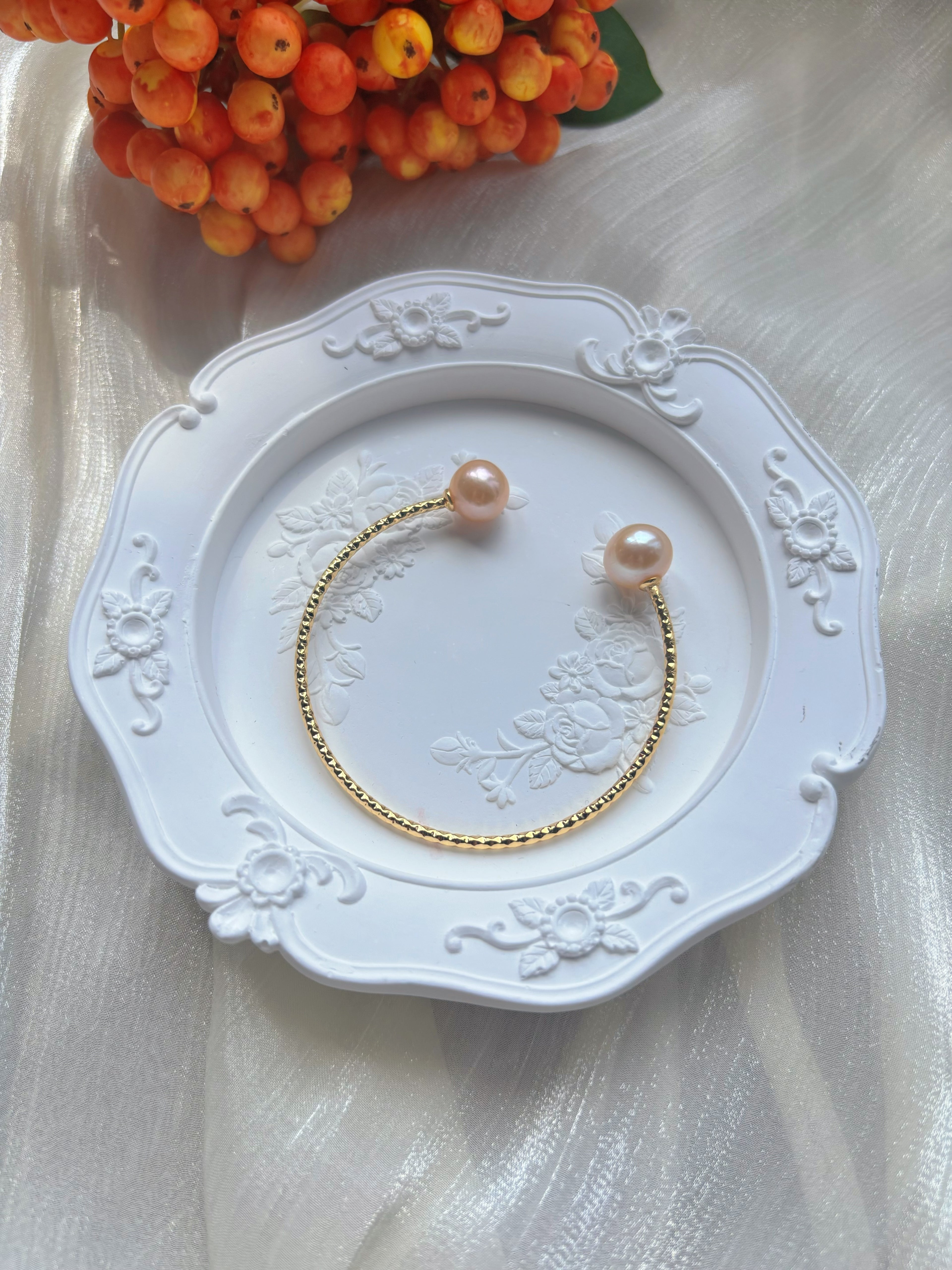 Crabapple Fruit – Orange Baroque Pearl Cuff Bracelet, Double Pearl Gold Bangle by NEPTUNE PEARL