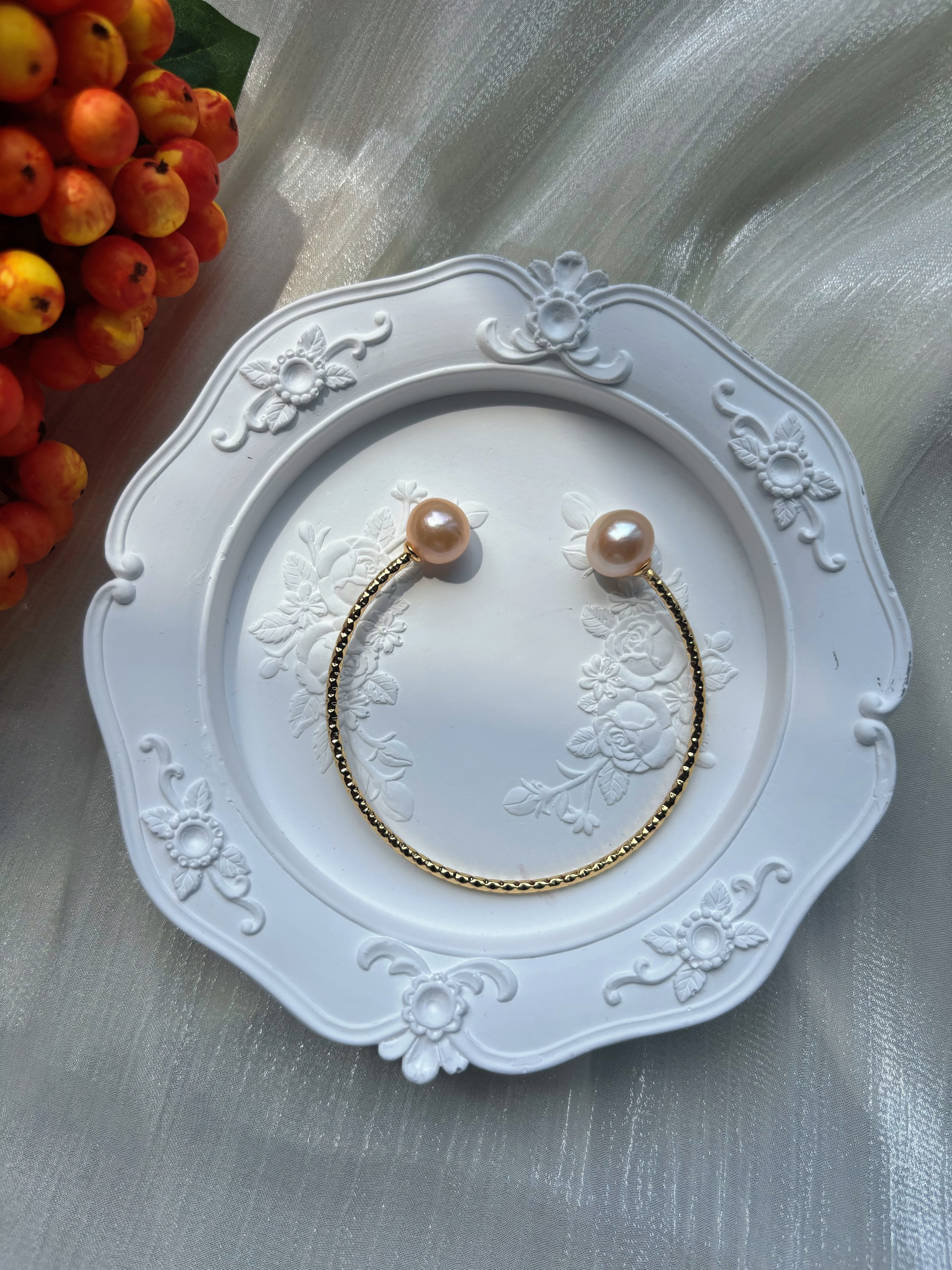Crabapple Fruit – Orange Baroque Pearl Cuff Bracelet, Double Pearl Gold Bangle by NEPTUNE PEARL