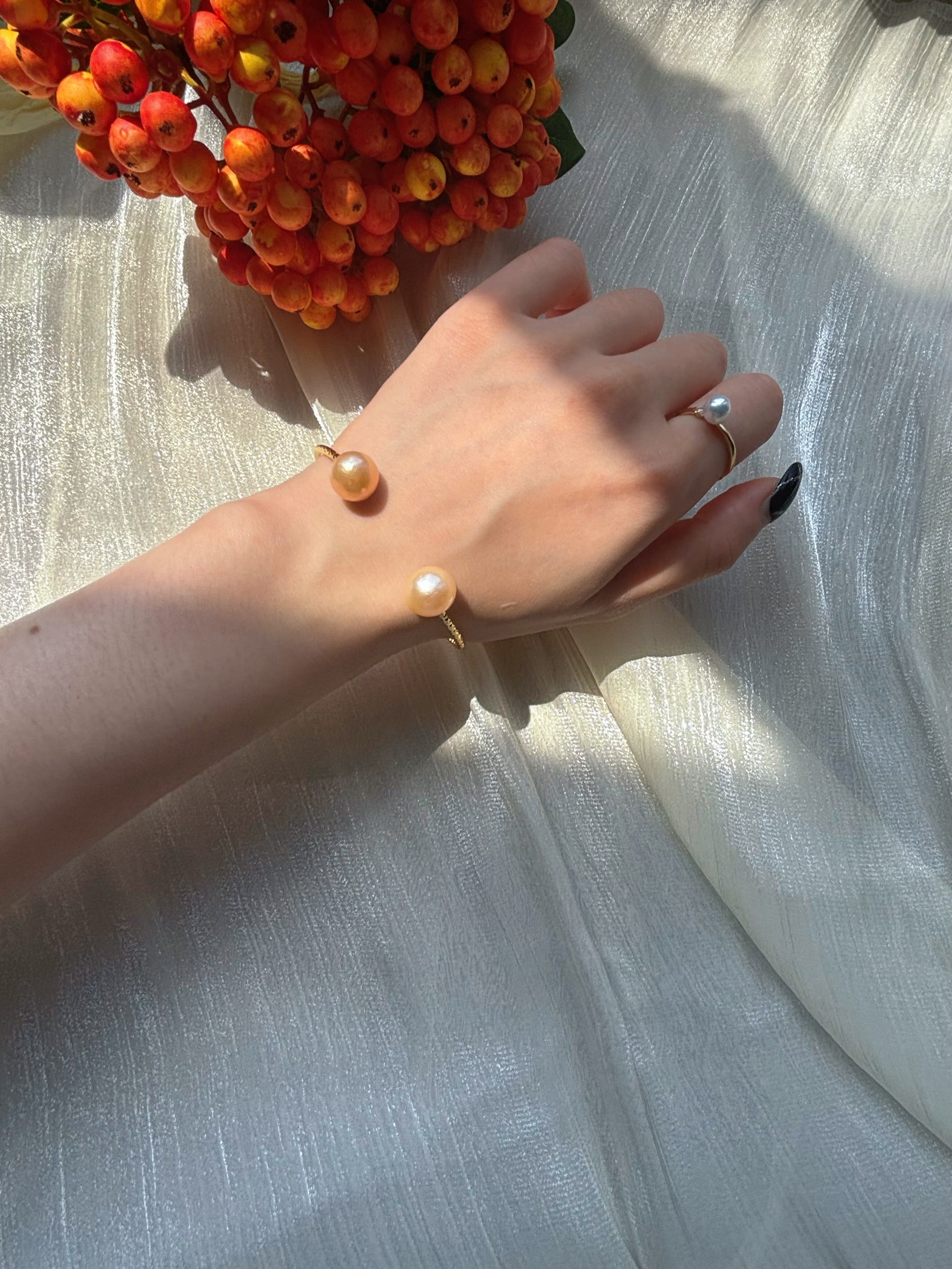 Crabapple Fruit – Orange Baroque Pearl Cuff Bracelet, Double Pearl Gold Bangle by NEPTUNE PEARL