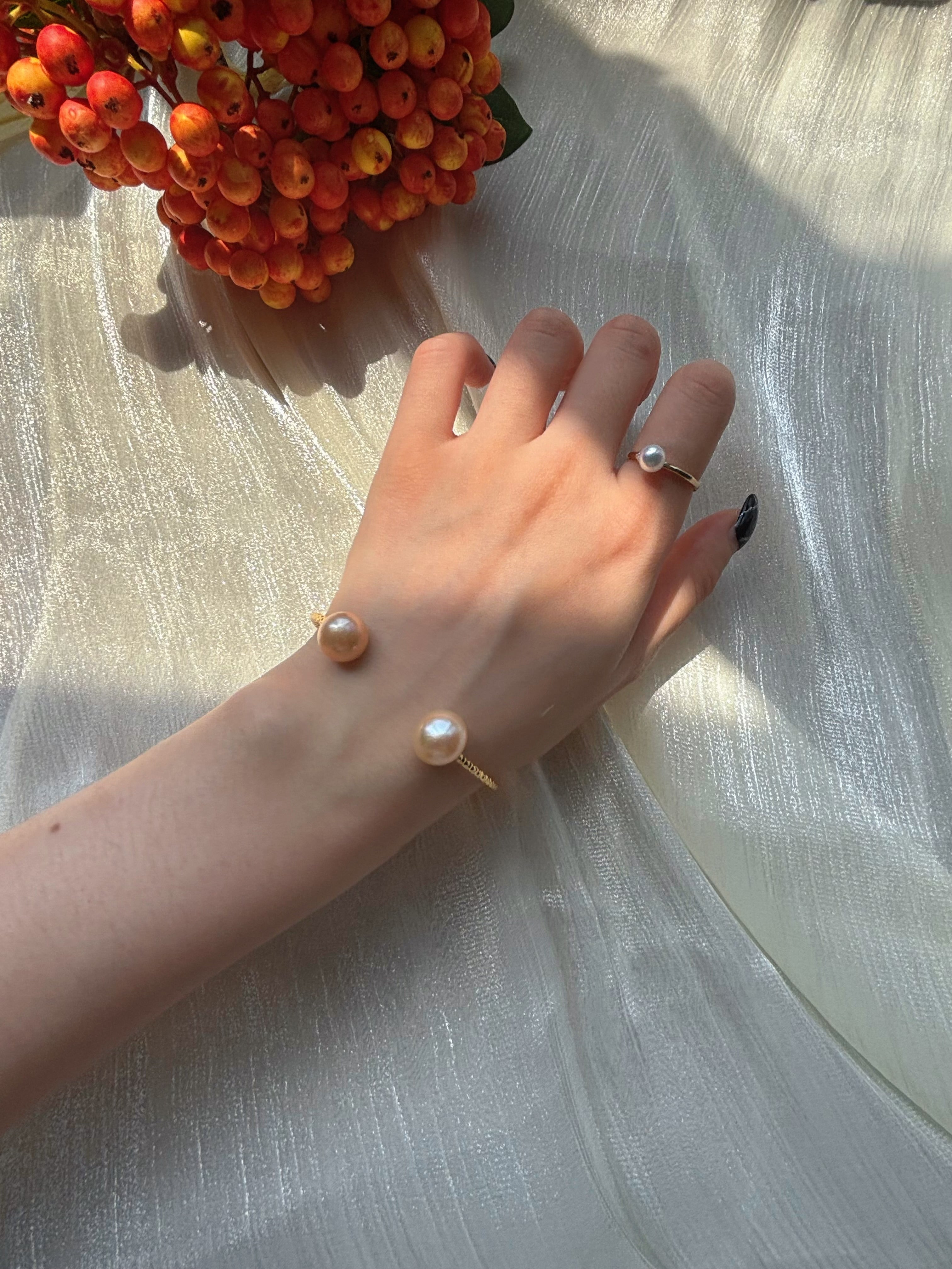 Crabapple Fruit – Orange Baroque Pearl Cuff Bracelet, Double Pearl Gold Bangle by NEPTUNE PEARL