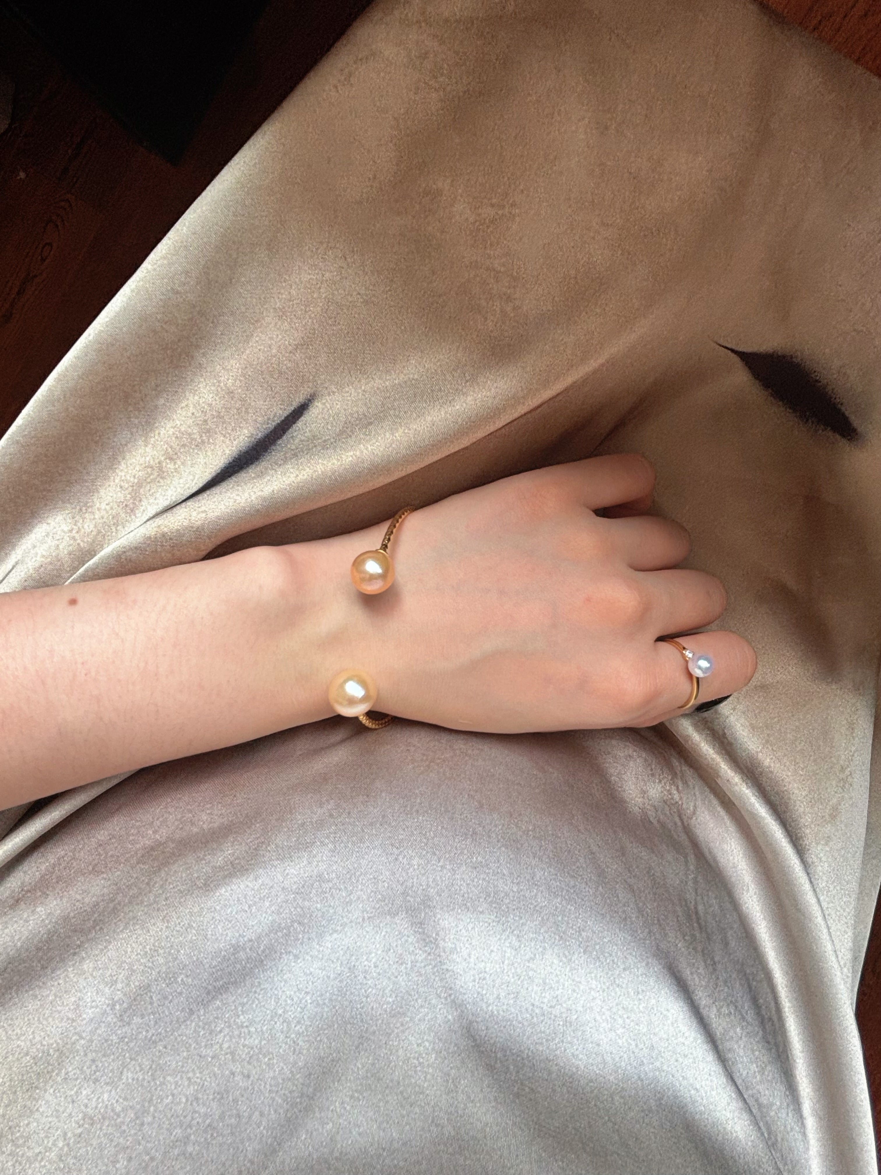 Crabapple Fruit – Orange Baroque Pearl Cuff Bracelet, Double Pearl Gold Bangle by NEPTUNE PEARL