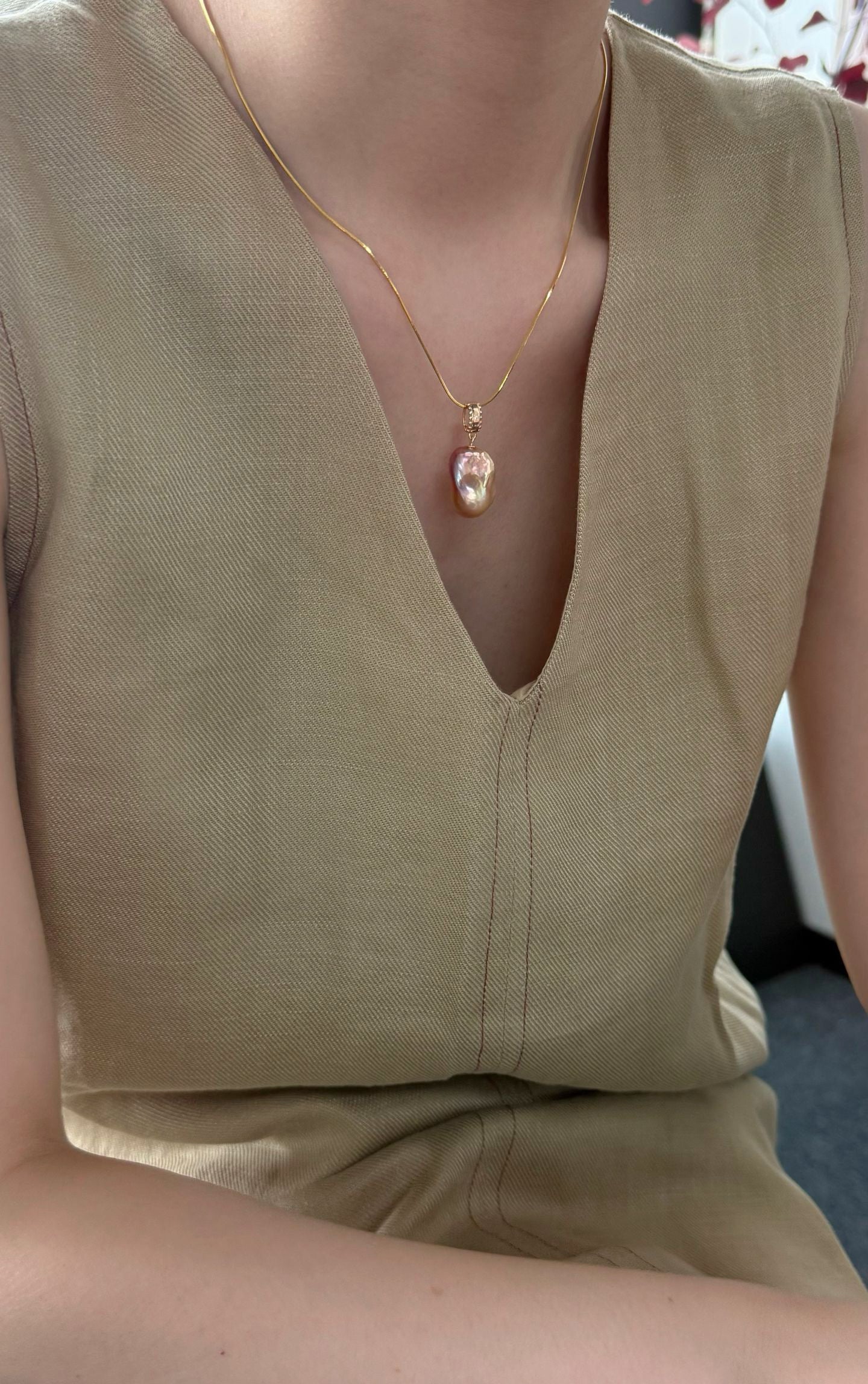Rose Perfume Neon-Colored Natural Baroque Pearl Pendant by NEPTUNE PEARL