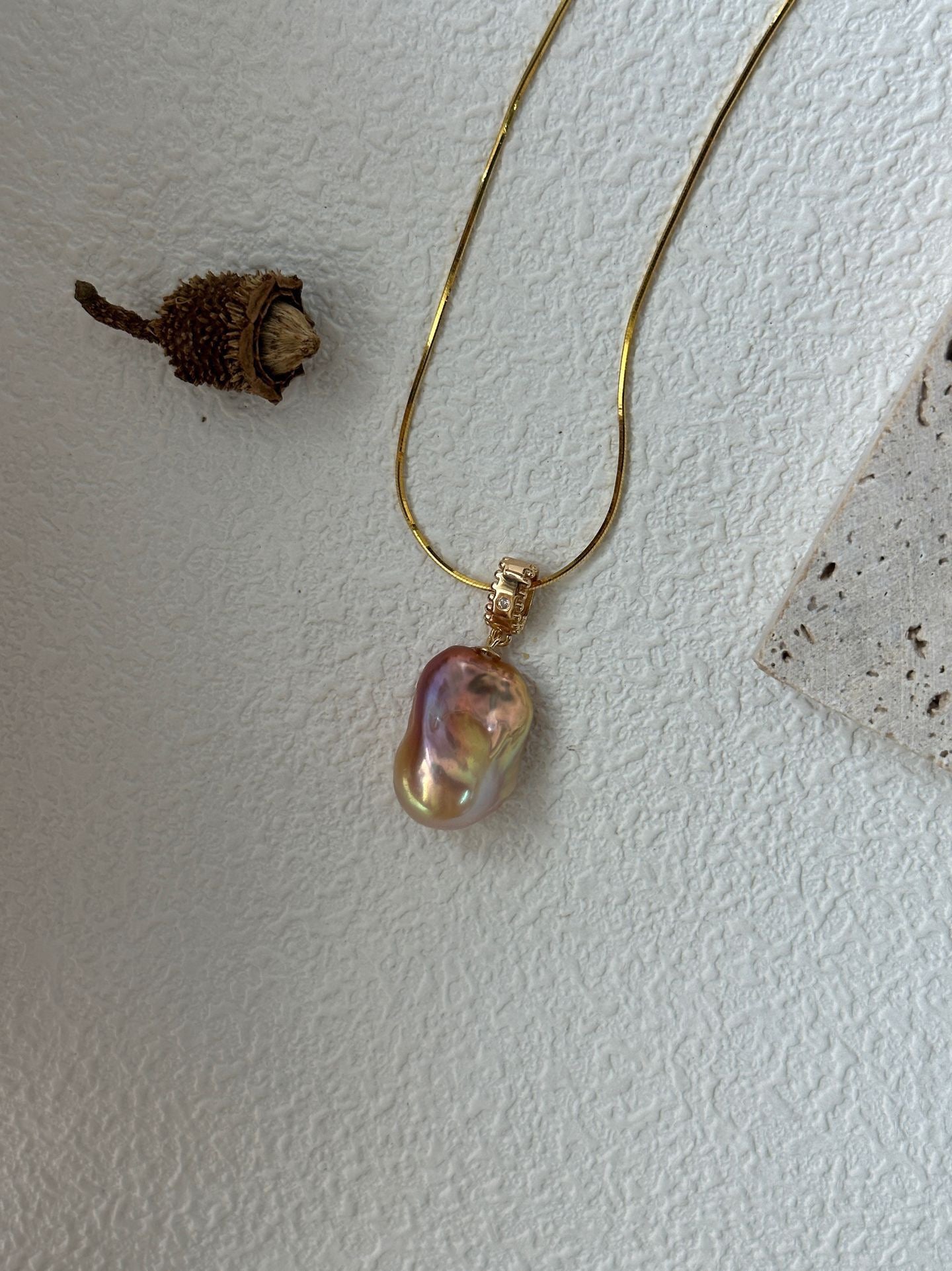 Rose Perfume Neon-Colored Natural Baroque Pearl Pendant by NEPTUNE PEARL