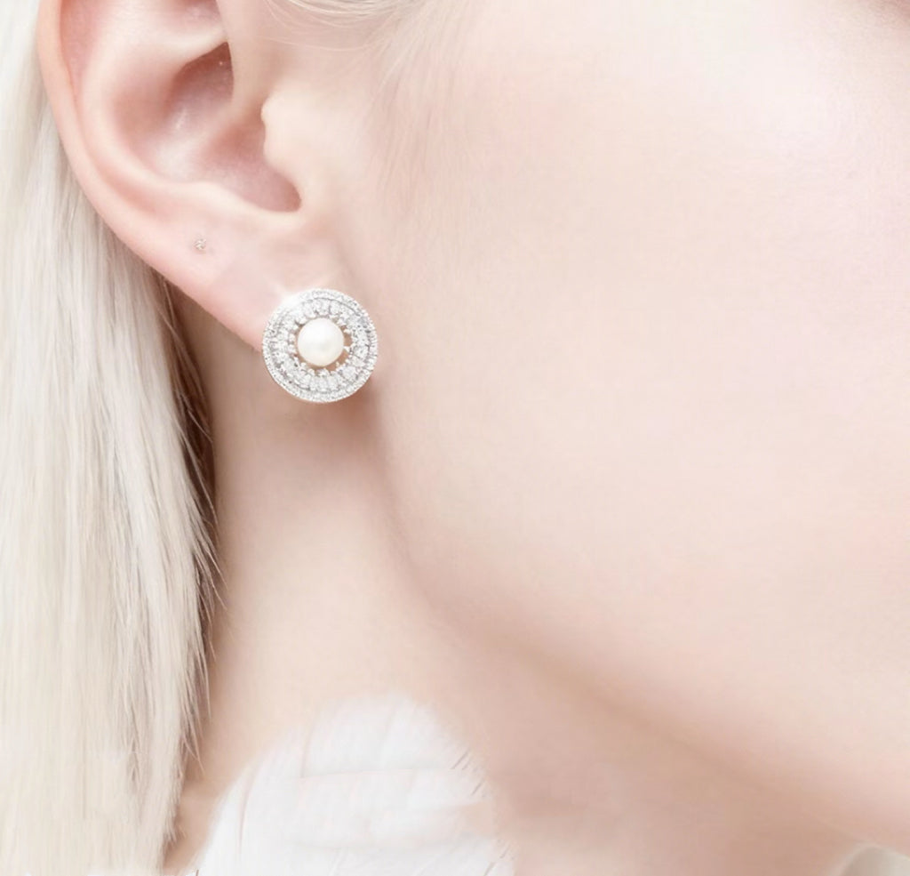 “Frosted Mirror” Natural Freshwater Aurora Pearl & Starlight Diamond Sterling Silver Stud Earrings by NEPTUNE PEARL
