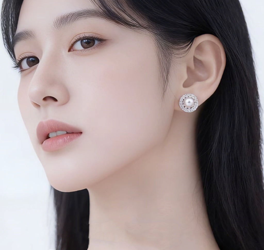 “Frosted Mirror” Natural Freshwater Aurora Pearl & Starlight Diamond Sterling Silver Stud Earrings by NEPTUNE PEARL