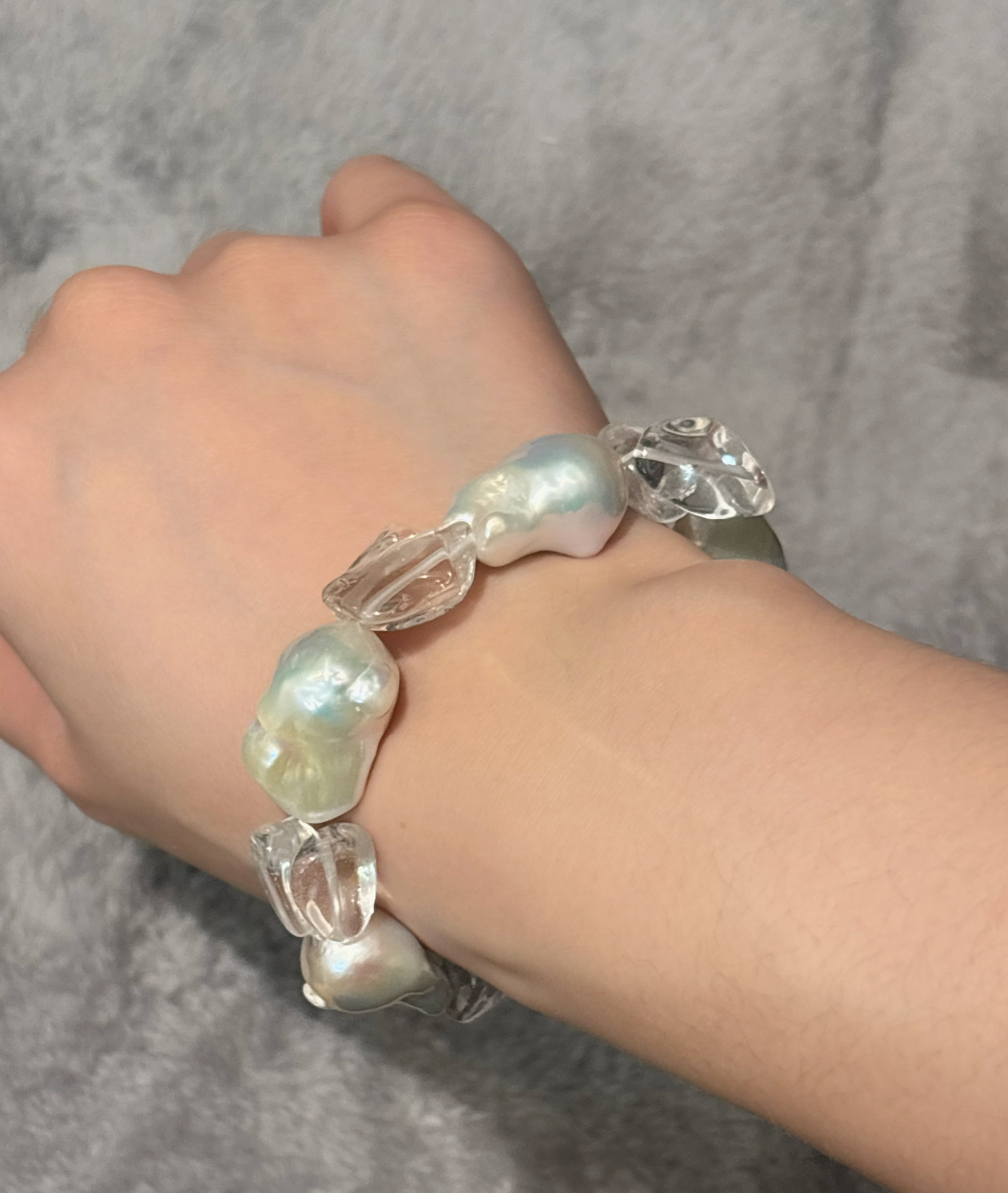 “Glacial Dream” Handcrafted Natural Baroque Pearls & White Crystal Bracelet by NEPTUNE PEARL