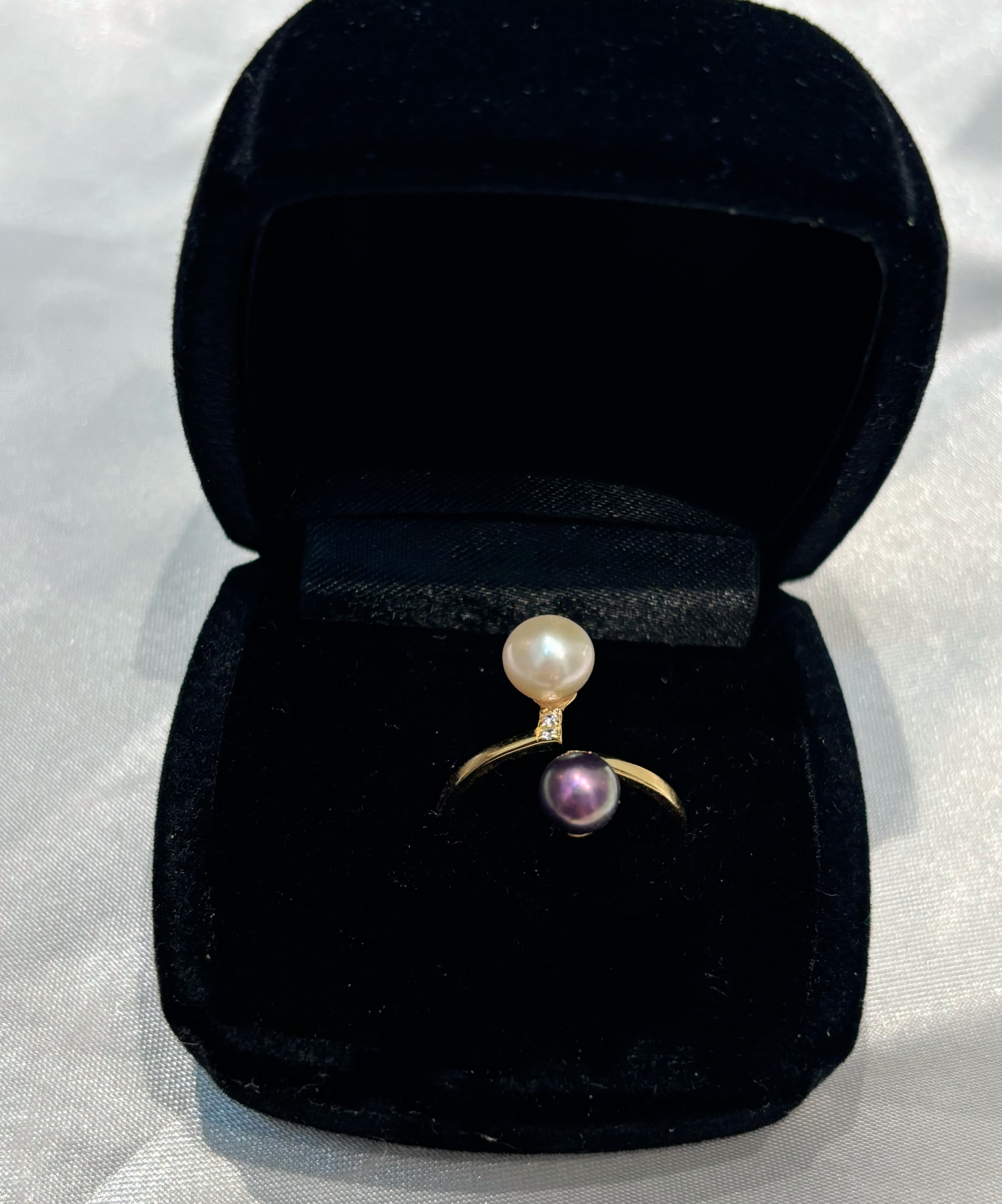Champagne Gold & Purple French Geometric Double-Bead Natural Pearl Gold Ring by NEPTUNE PEARL