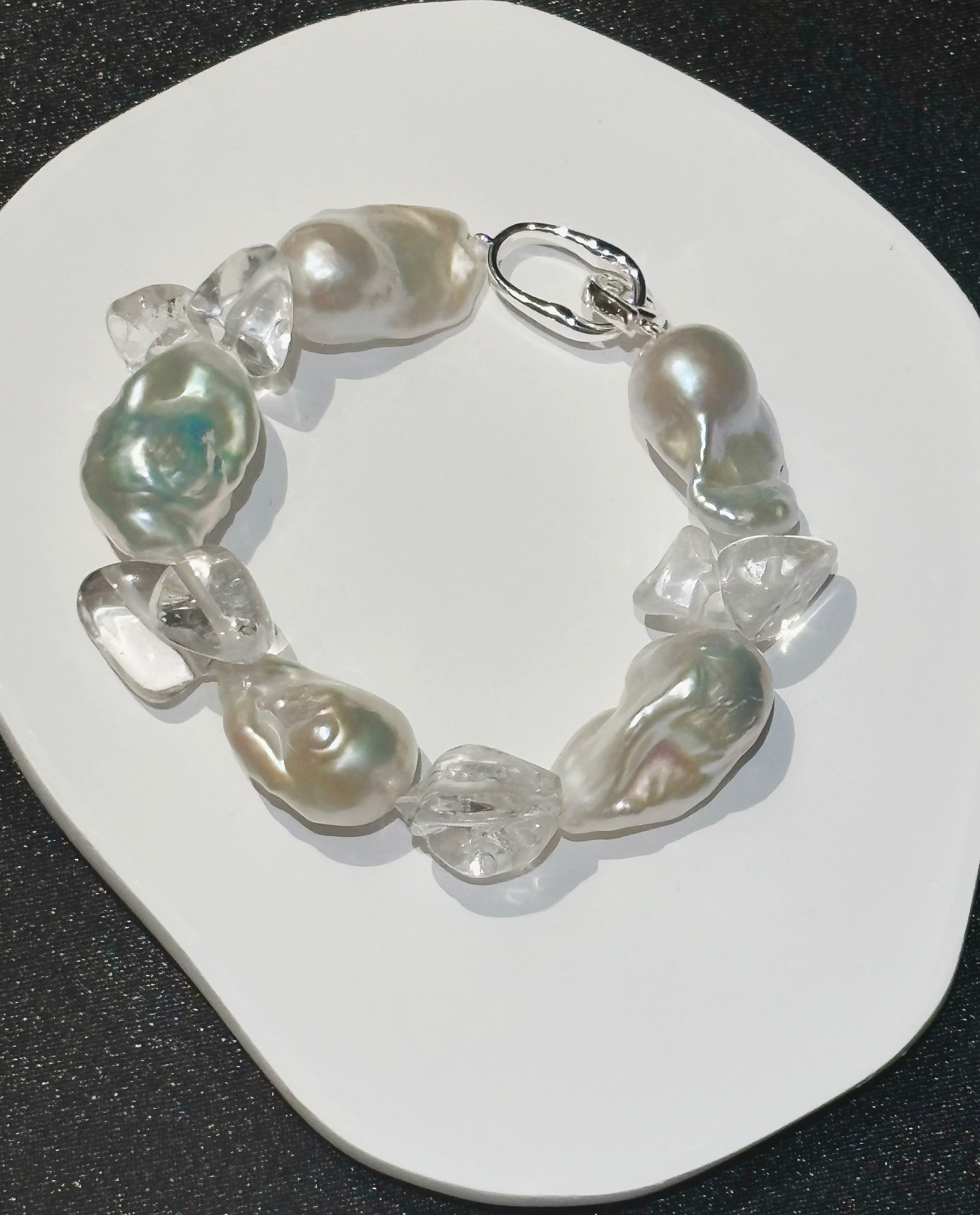 “Glacial Dream” Handcrafted Natural Baroque Pearls & White Crystal Bracelet by NEPTUNE PEARL