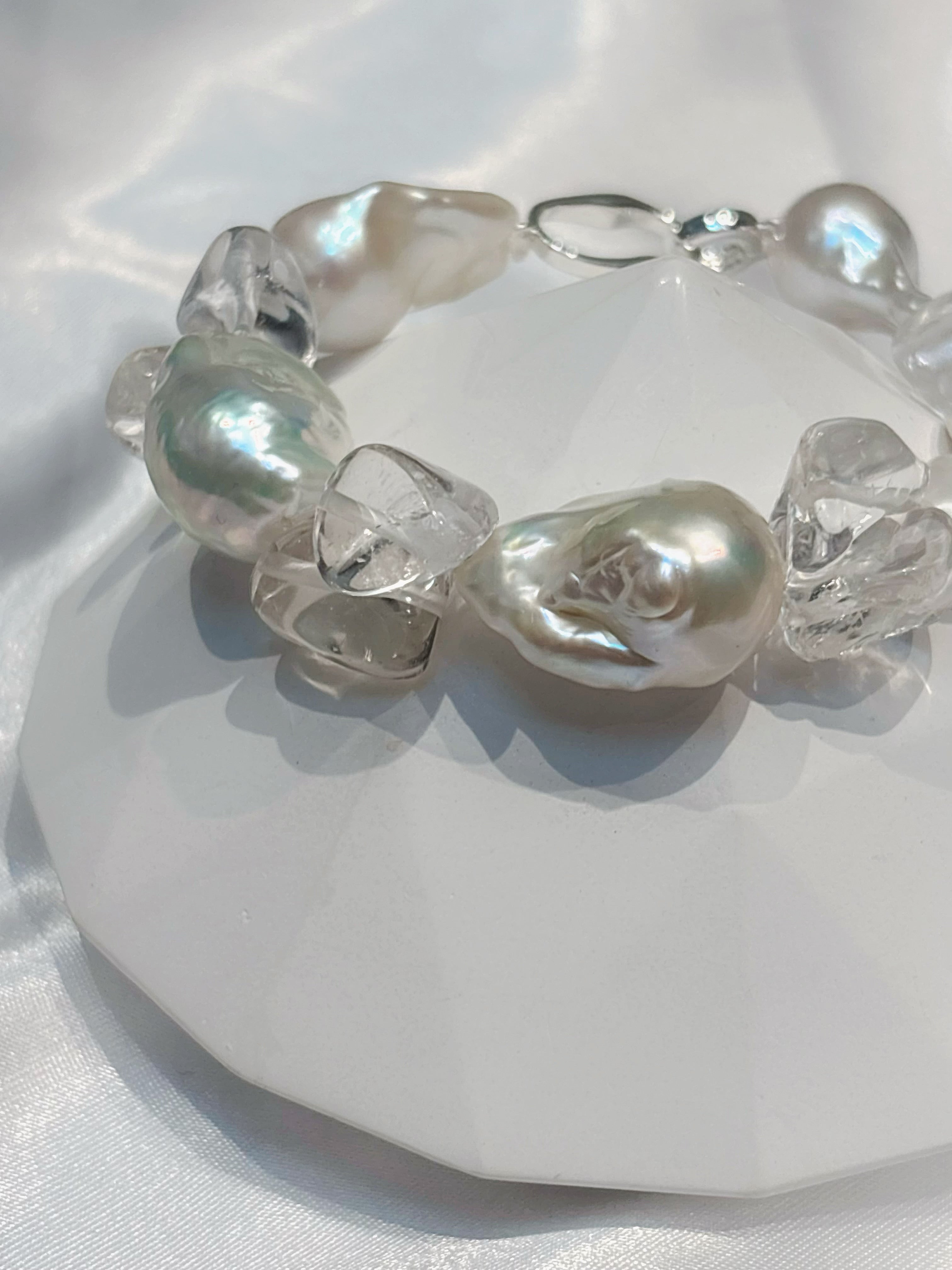 “Glacial Dream” Handcrafted Natural Baroque Pearls & White Crystal Bracelet by NEPTUNE PEARL