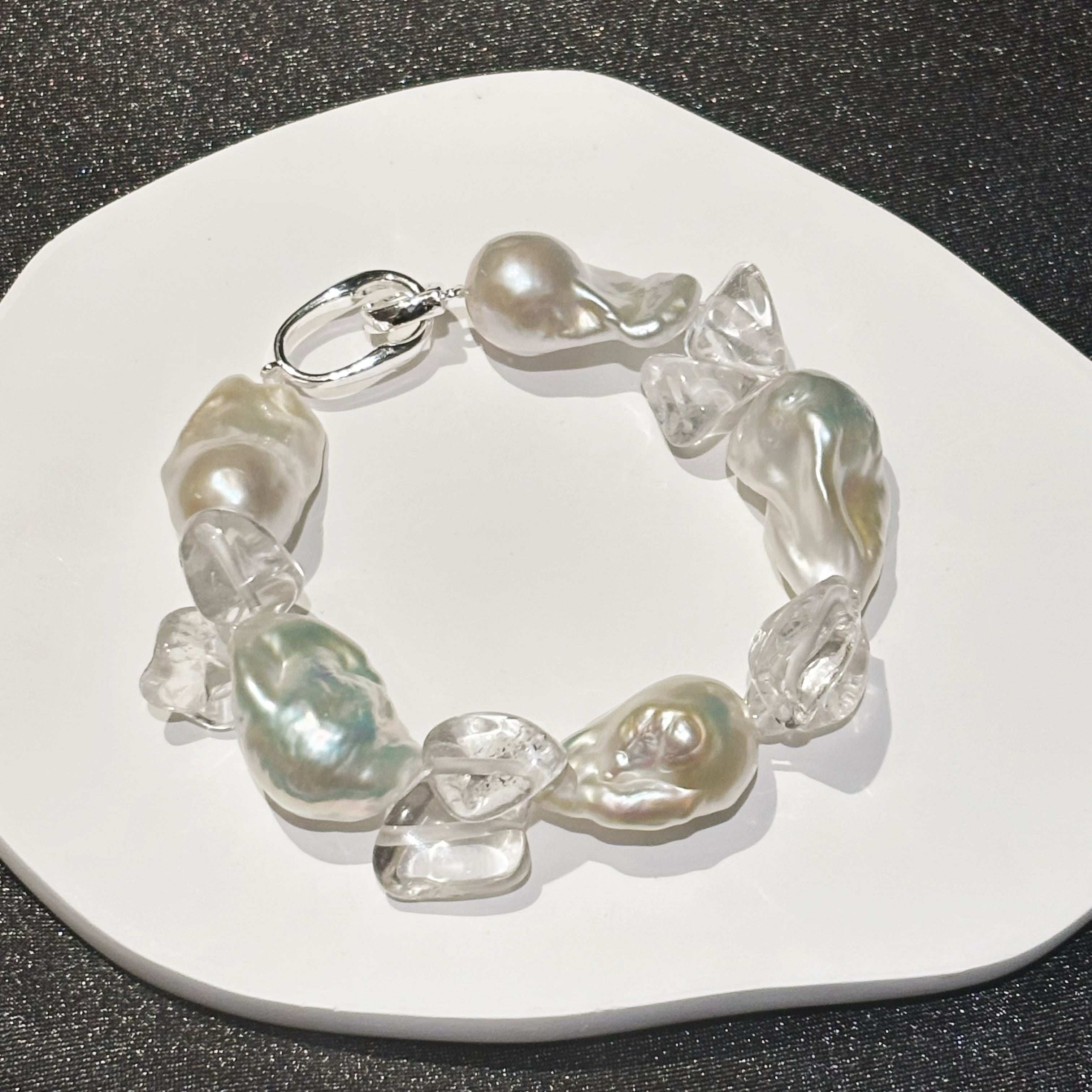 “Glacial Dream” Handcrafted Natural Baroque Pearls & White Crystal Bracelet by NEPTUNE PEARL