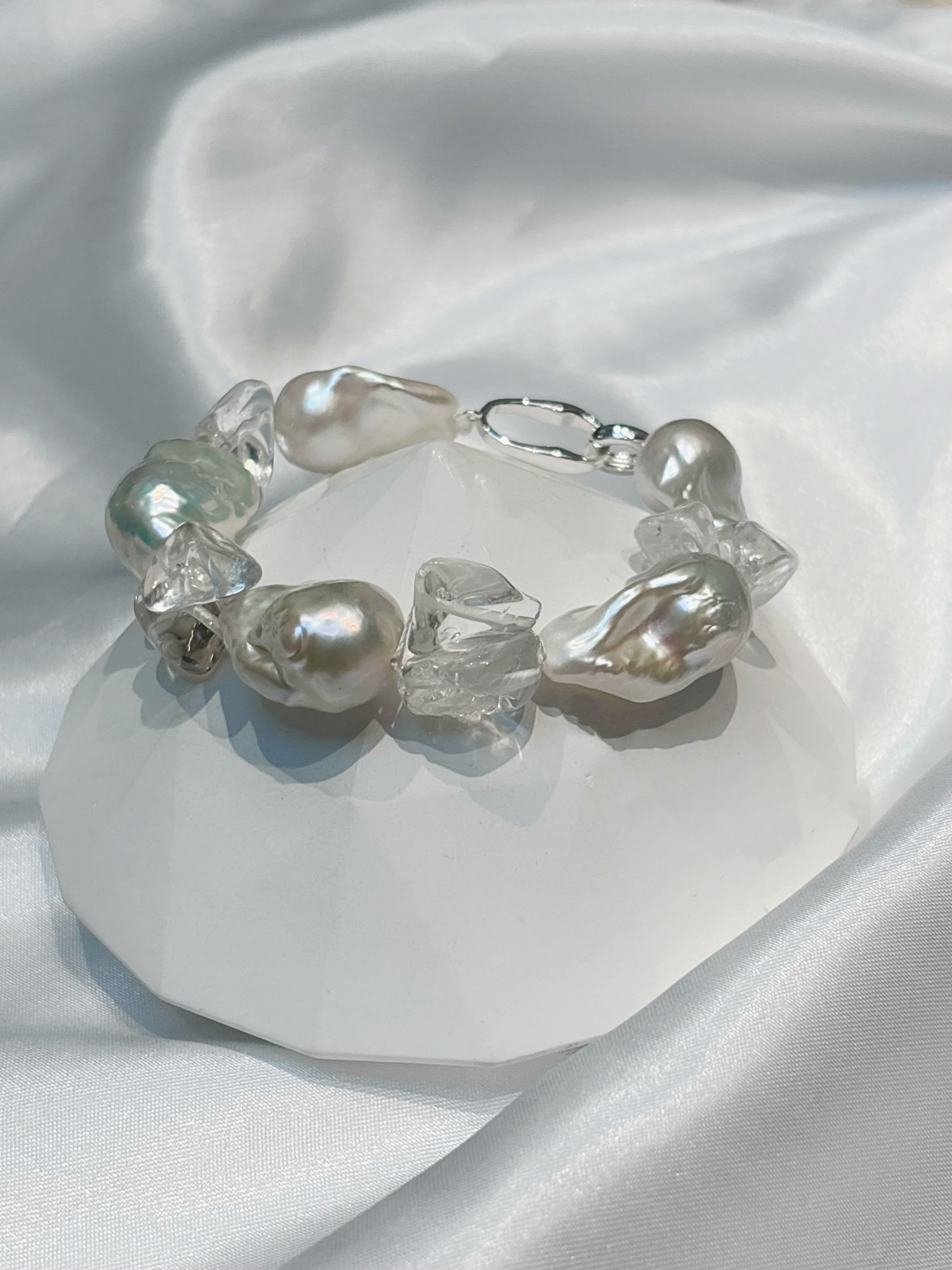 “Glacial Dream” Handcrafted Natural Baroque Pearls & White Crystal Bracelet by NEPTUNE PEARL