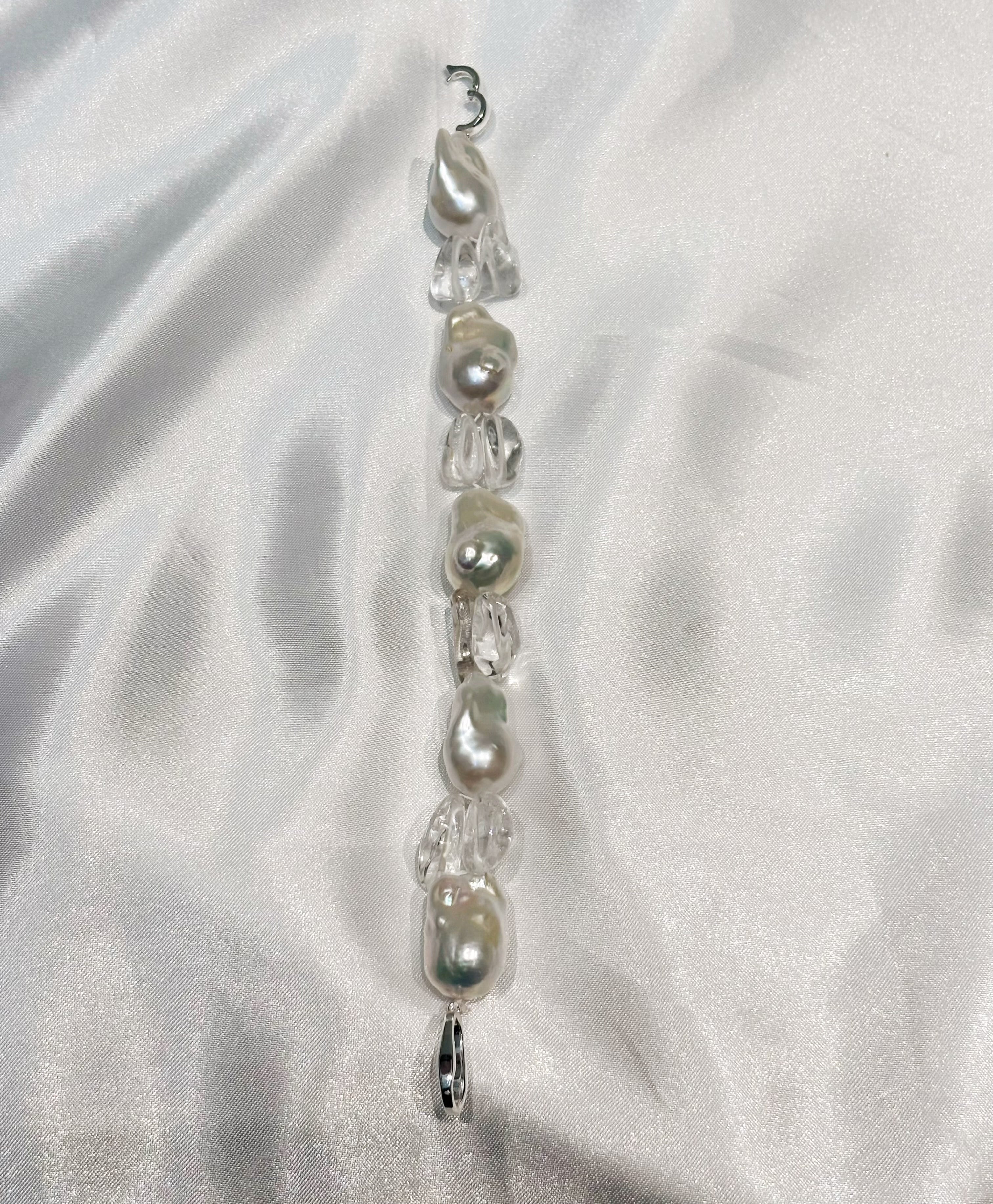 “Glacial Dream” Handcrafted Natural Baroque Pearls & White Crystal Bracelet by NEPTUNE PEARL