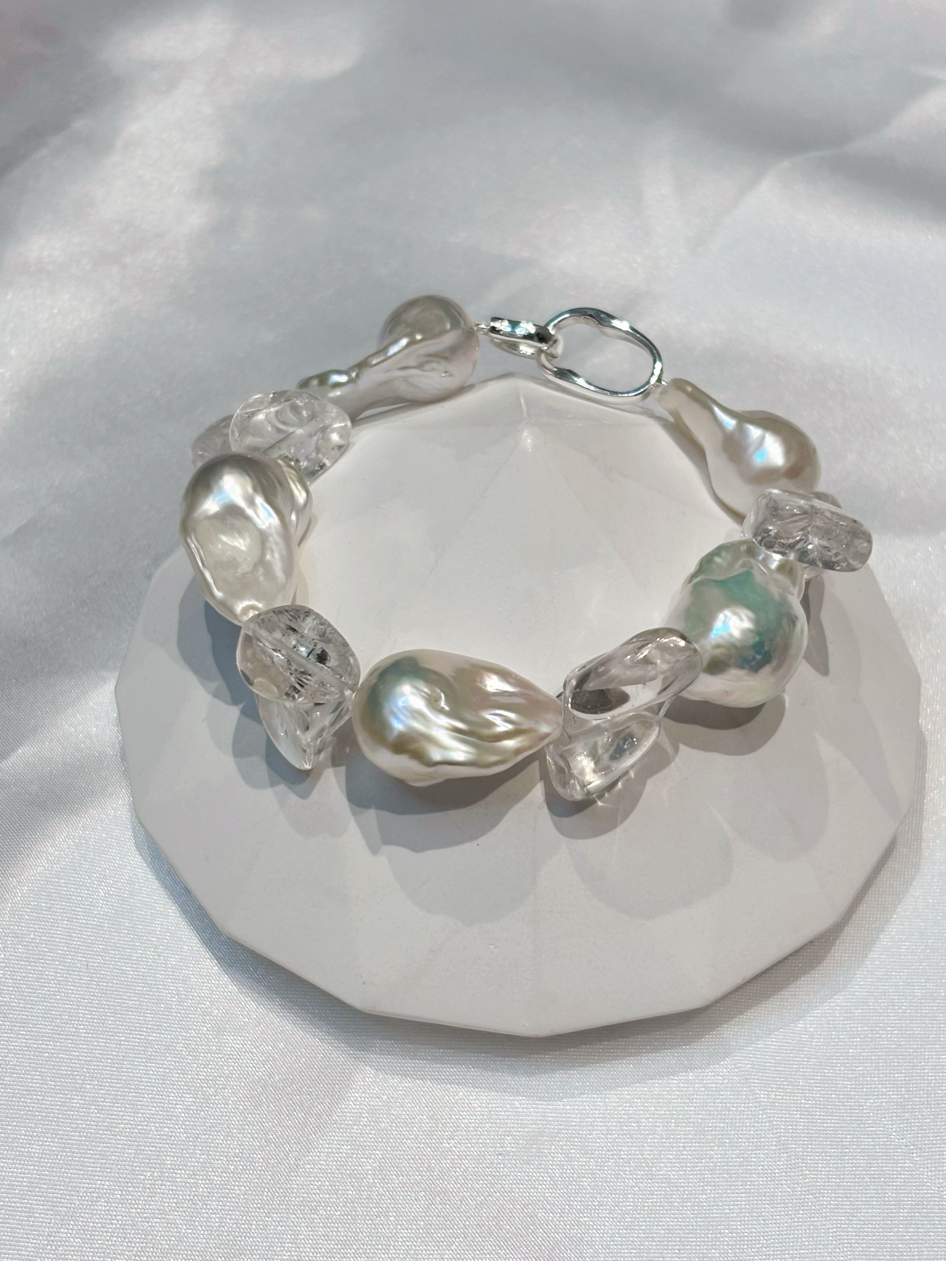 “Glacial Dream” Handcrafted Natural Baroque Pearls & White Crystal Bracelet by NEPTUNE PEARL
