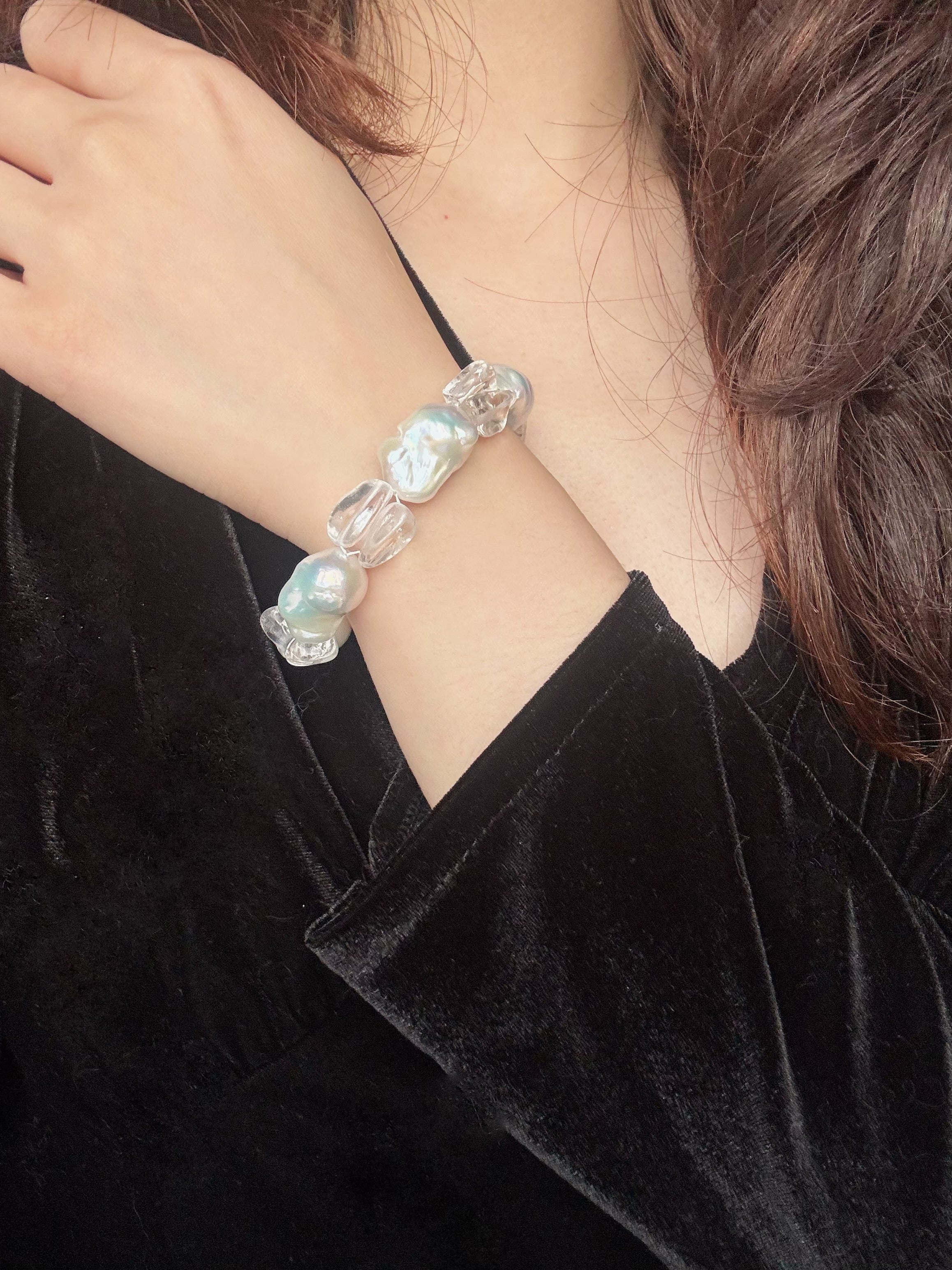 “Glacial Dream” Handcrafted Natural Baroque Pearls & White Crystal Bracelet by NEPTUNE PEARL