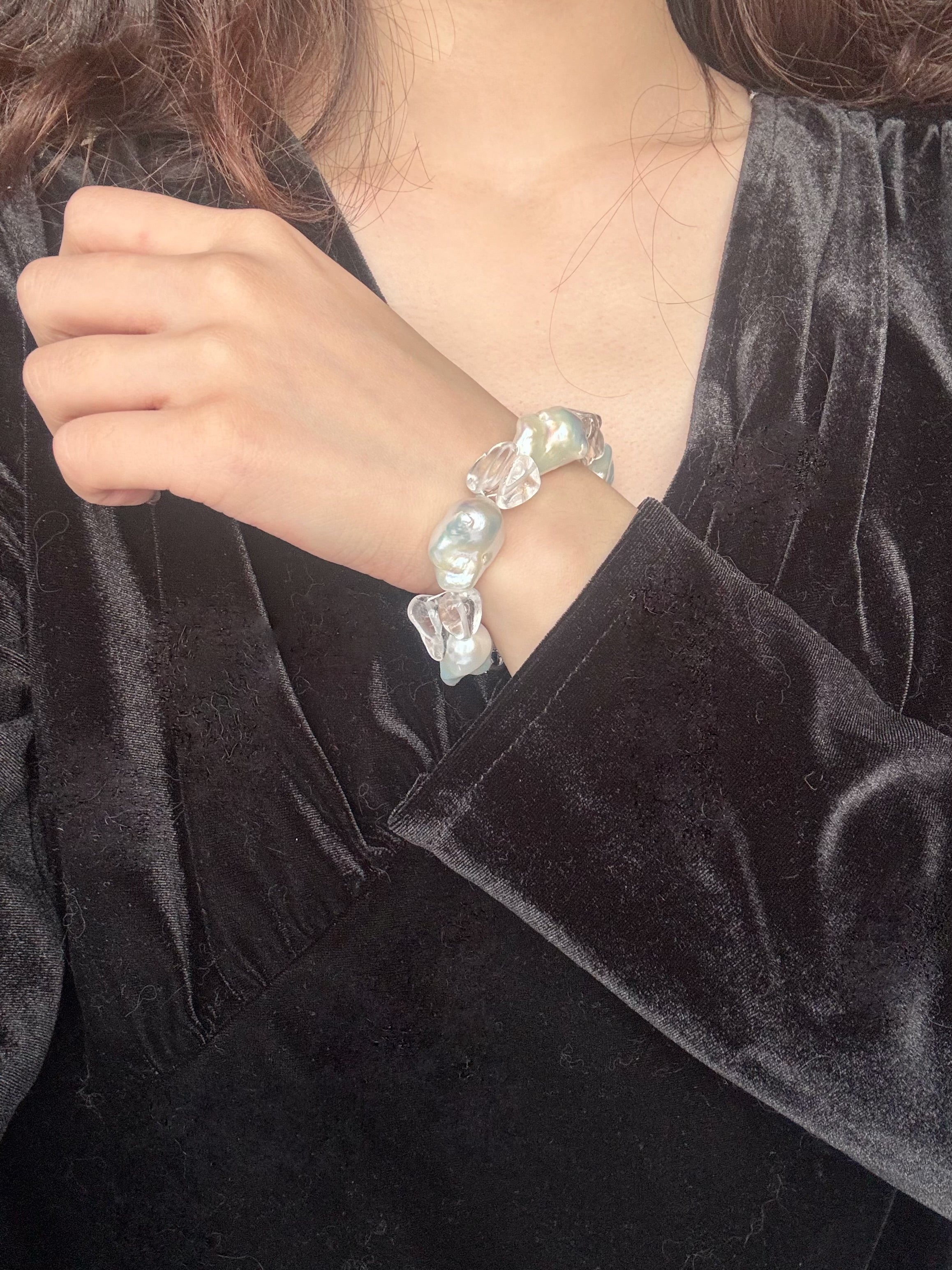“Glacial Dream” Handcrafted Natural Baroque Pearls & White Crystal Bracelet by NEPTUNE PEARL