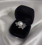 Shimmering Natural Large Freshwater Pearl & Firework-Shaped Cut Diamond Style Silver Banquet Ring by NEPTUNE PEARL