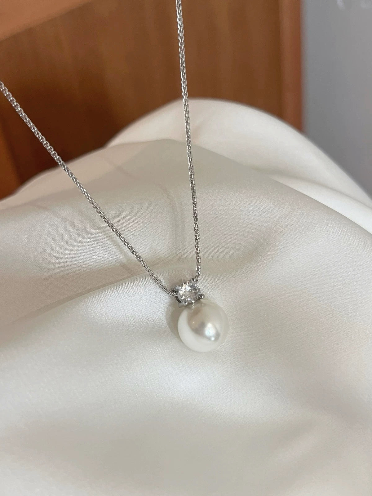 Classic Diamond Pendant with Natural Freshwater Pearl in Sterling Silver by NEPTUNE PEARL