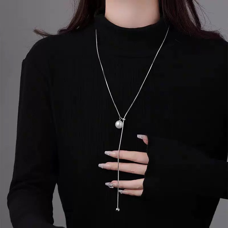 Forest Overture Natural Freshwater Drops Pearl Titanium Steel Casual Slim Neck Sweater Chain by NEPTUNE PEARL