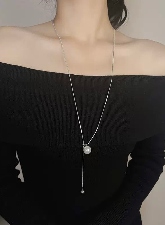 Forest Overture Natural Freshwater Drops Pearl Titanium Steel Casual Slim Neck Sweater Chain by NEPTUNE PEARL