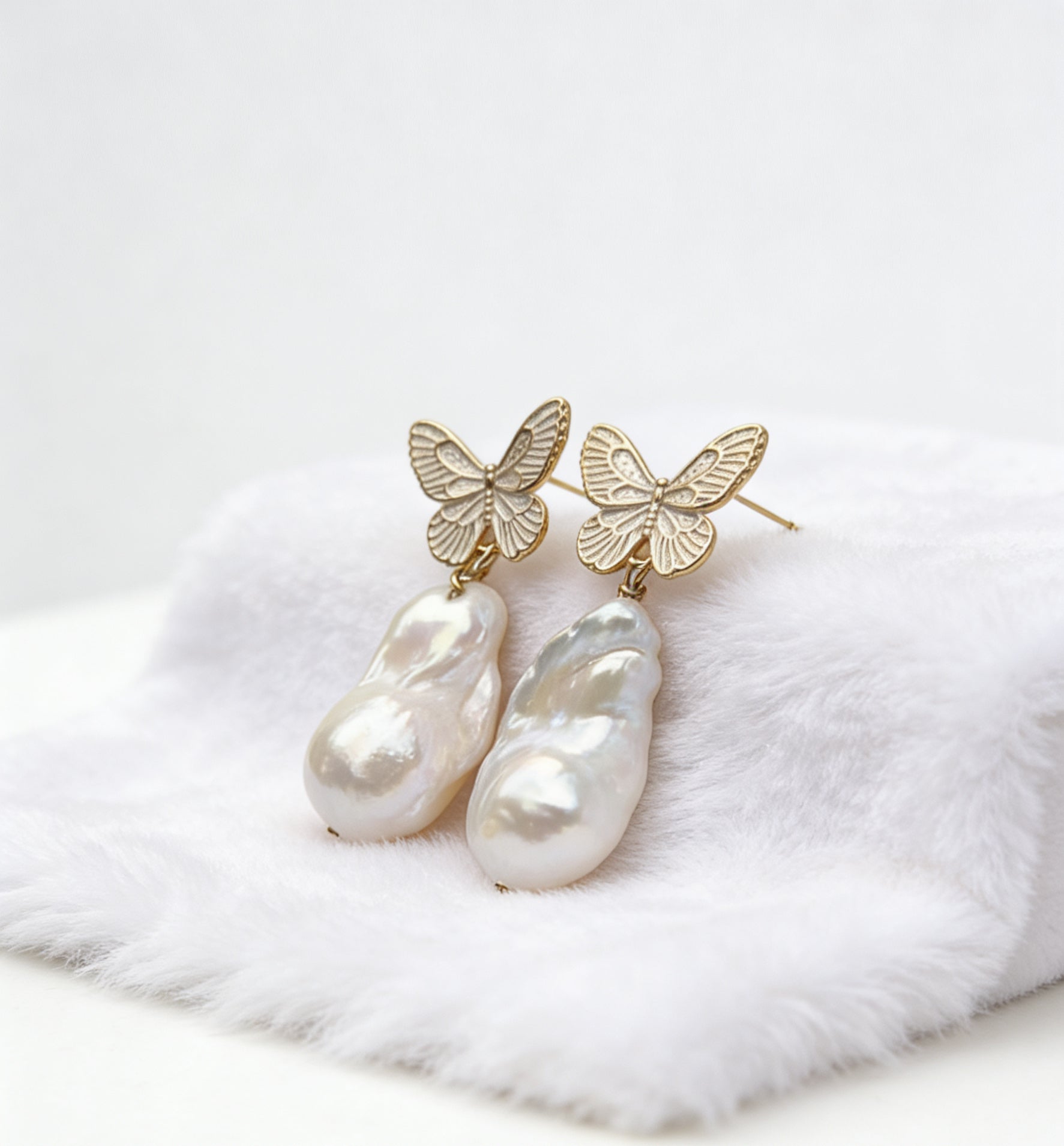 Roman Gold Butterfly Natural Baroque Pearl Earrings by NEPTUNE PEARL