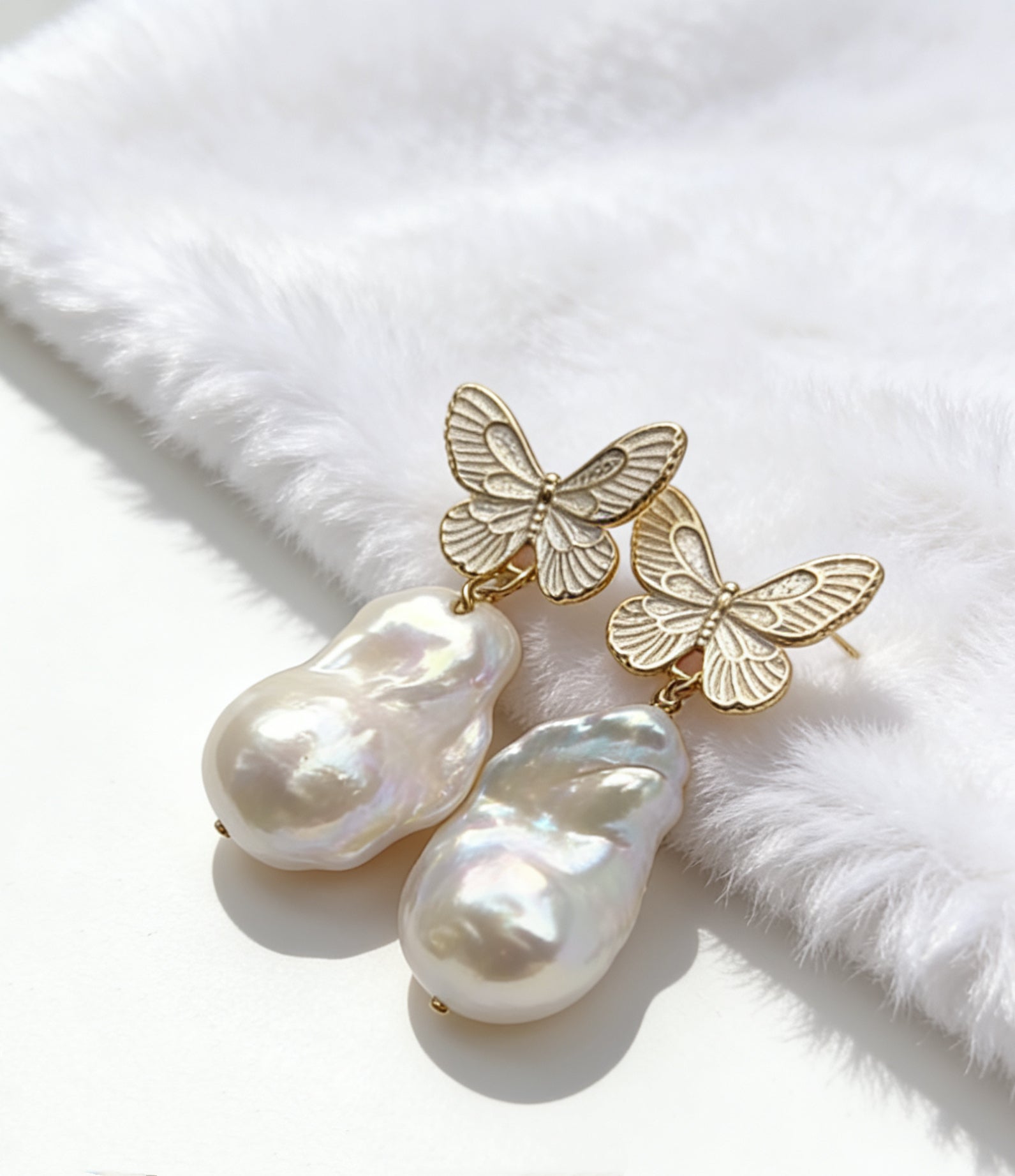 Roman Gold Butterfly Natural Baroque Pearl Earrings by NEPTUNE PEARL