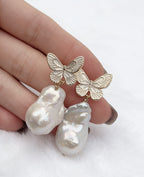Roman Gold Butterfly Natural Baroque Pearl Earrings by NEPTUNE PEARL