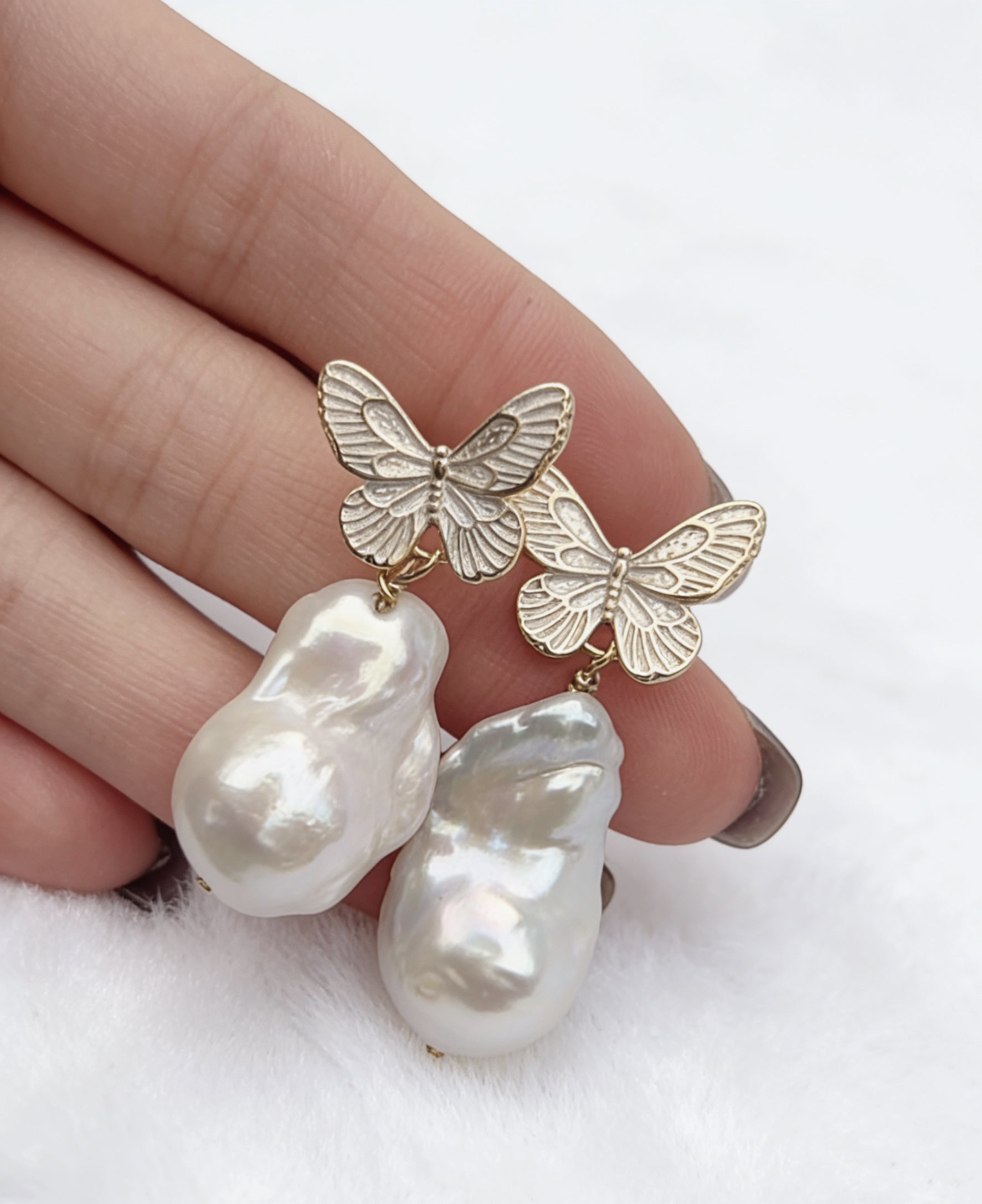 Roman Gold Butterfly Natural Baroque Pearl Earrings by NEPTUNE PEARL