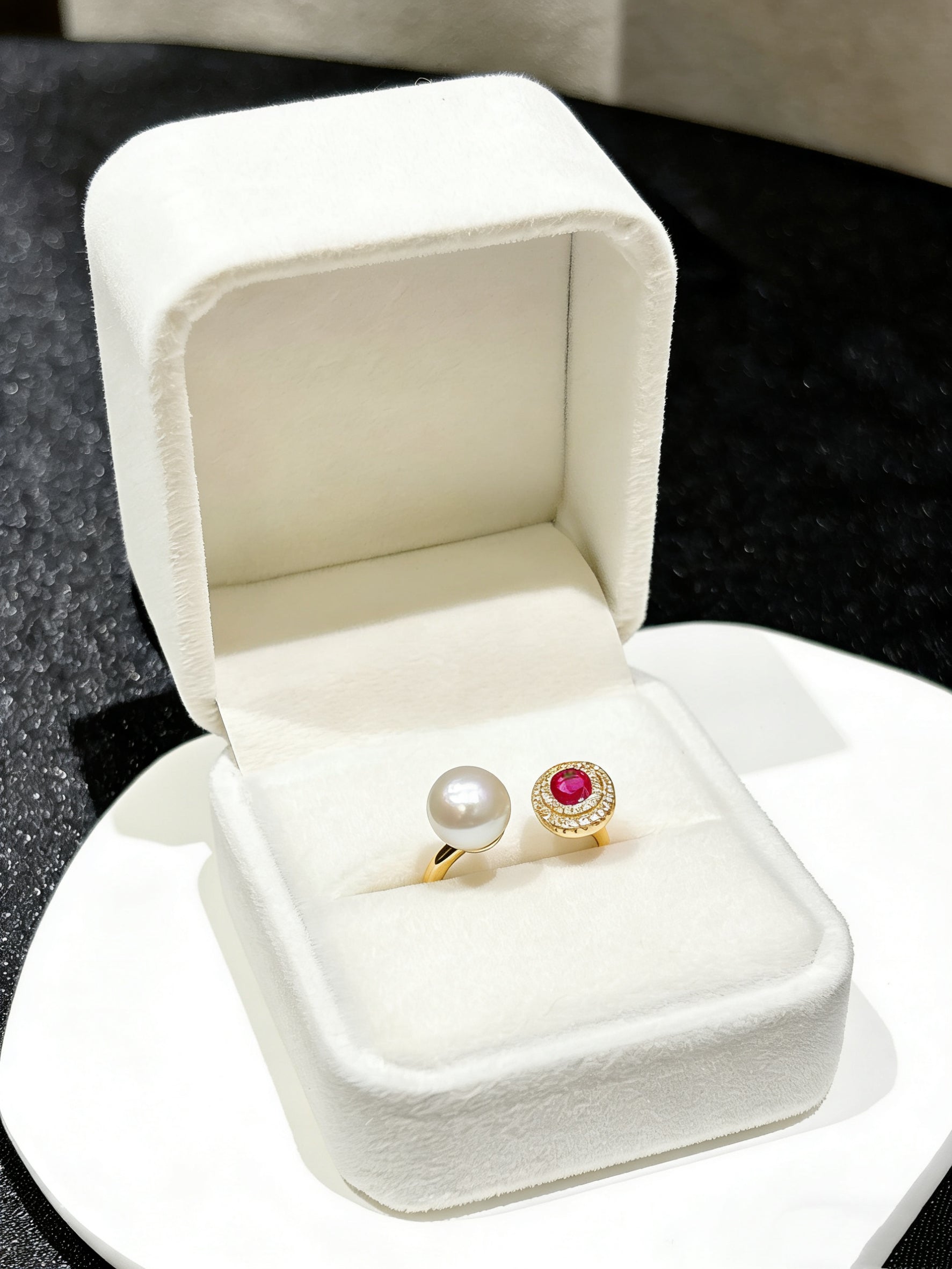 Moonlight and Flame Artificial Ruby & Natural Freshwater Pearl Twin-Stone Gold Ring by NEPTUNE PEARL