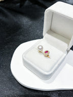 Moonlight and Flame Artificial Ruby & Natural Freshwater Pearl Twin-Stone Gold Ring by NEPTUNE PEARL