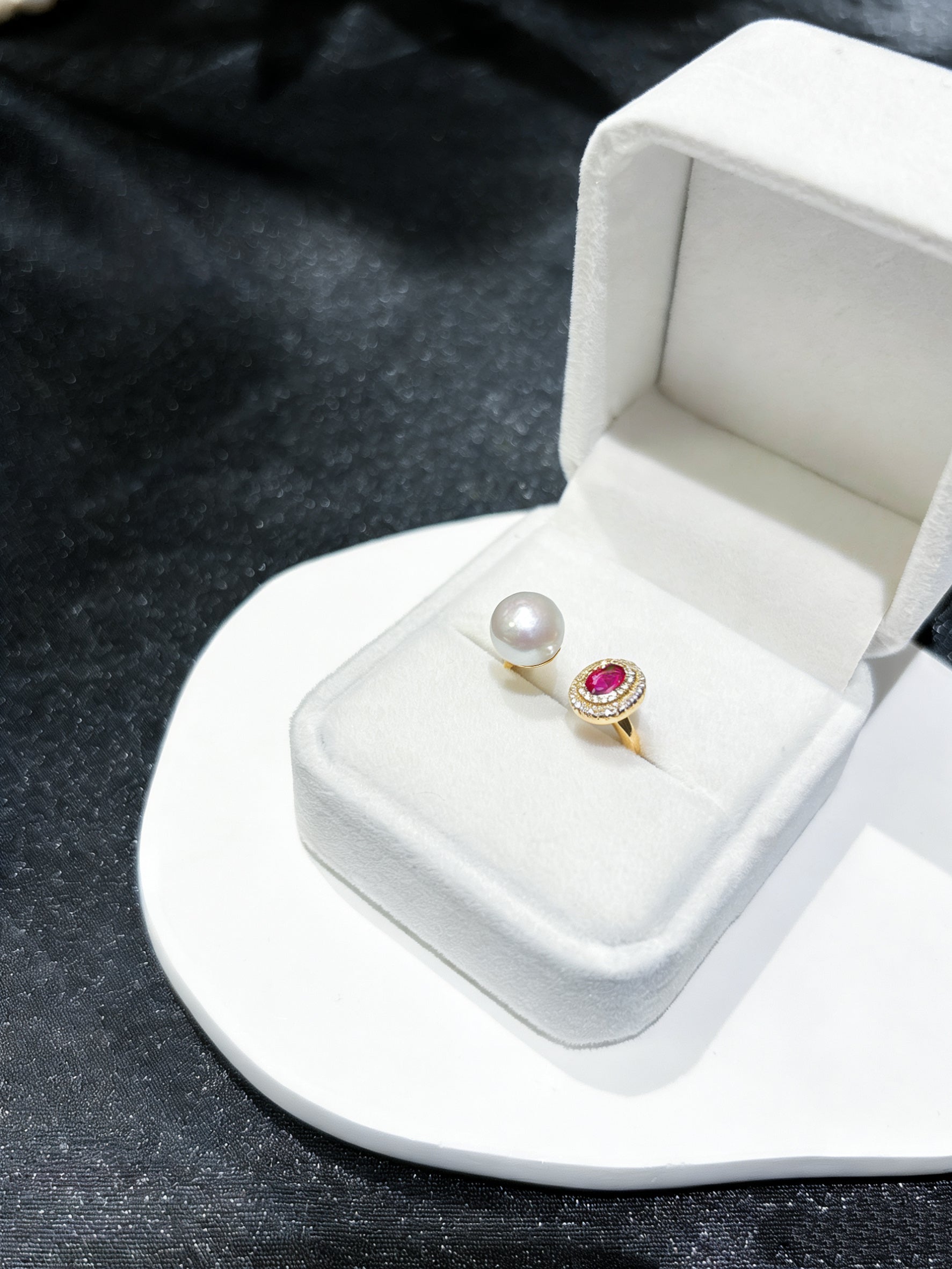 Moonlight and Flame Artificial Ruby & Natural Freshwater Pearl Twin-Stone Gold Ring by NEPTUNE PEARL