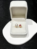 Moonlight and Flame Artificial Ruby & Natural Freshwater Pearl Twin-Stone Gold Ring by NEPTUNE PEARL