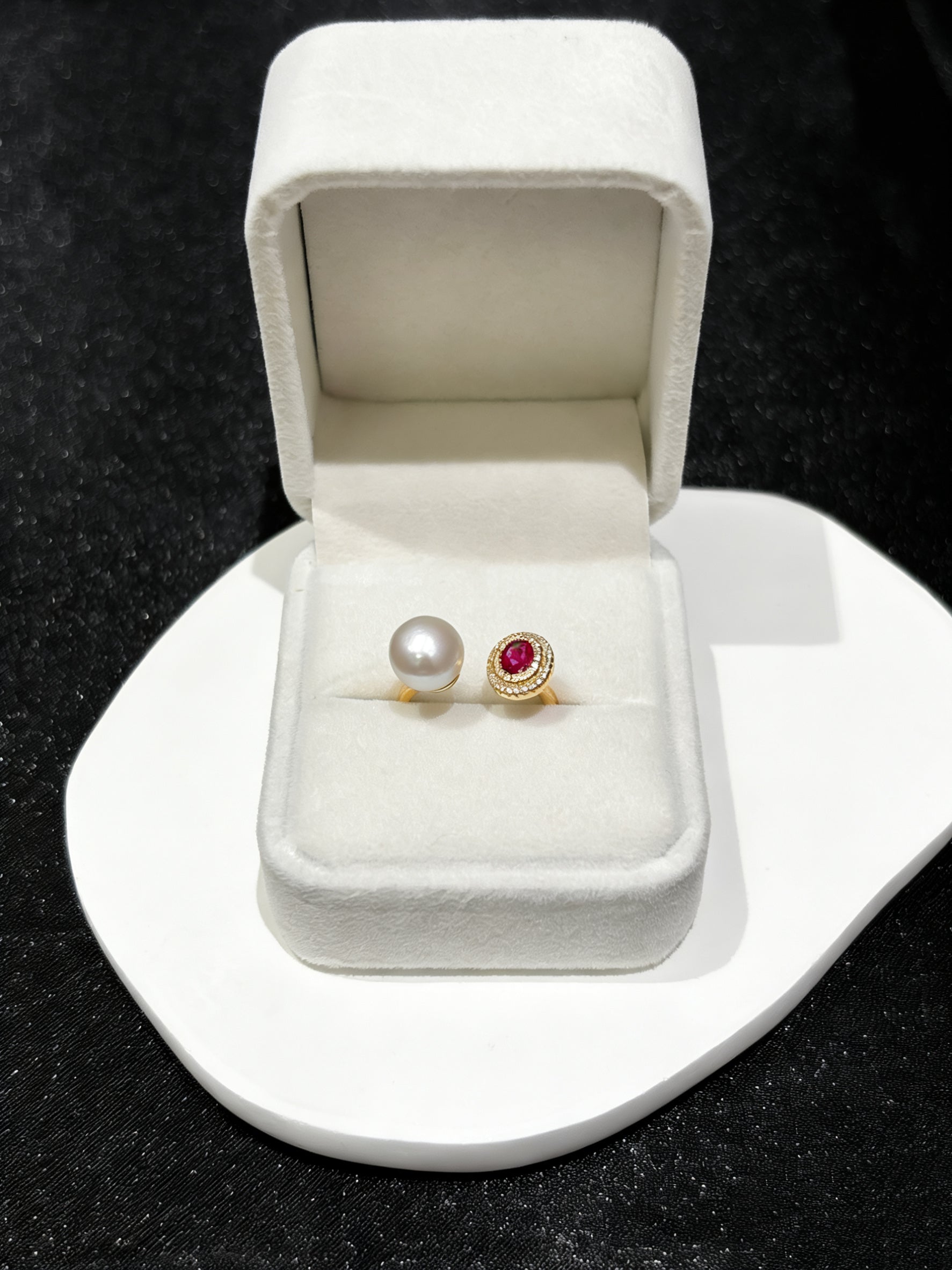 Moonlight and Flame Artificial Ruby & Natural Freshwater Pearl Twin-Stone Gold Ring by NEPTUNE PEARL