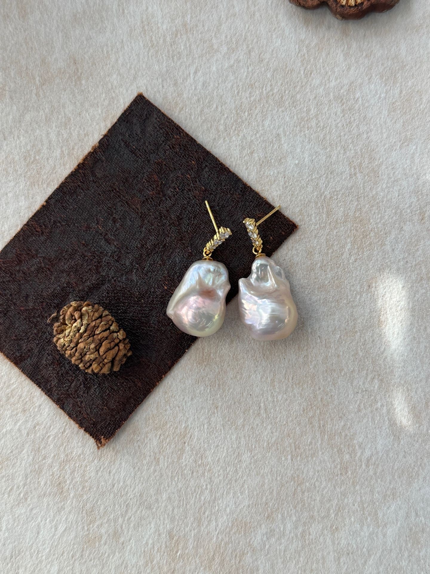 Fairy Pink Natural Freshwater Baroque Pearl Minimalist Diamond Stud Earrings by NEPTUNE PEARL