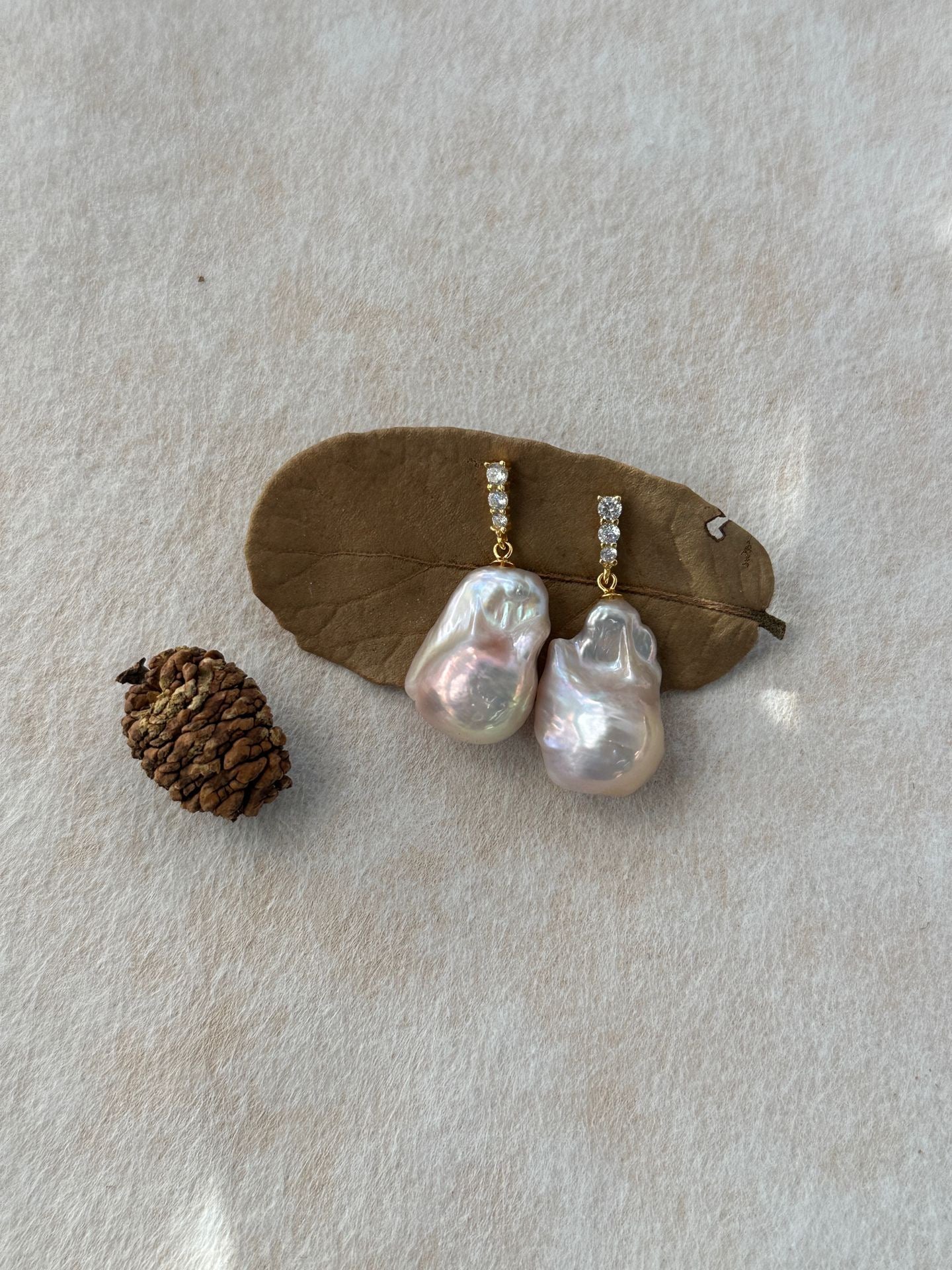 Fairy Pink Natural Freshwater Baroque Pearl Minimalist Diamond Stud Earrings by NEPTUNE PEARL